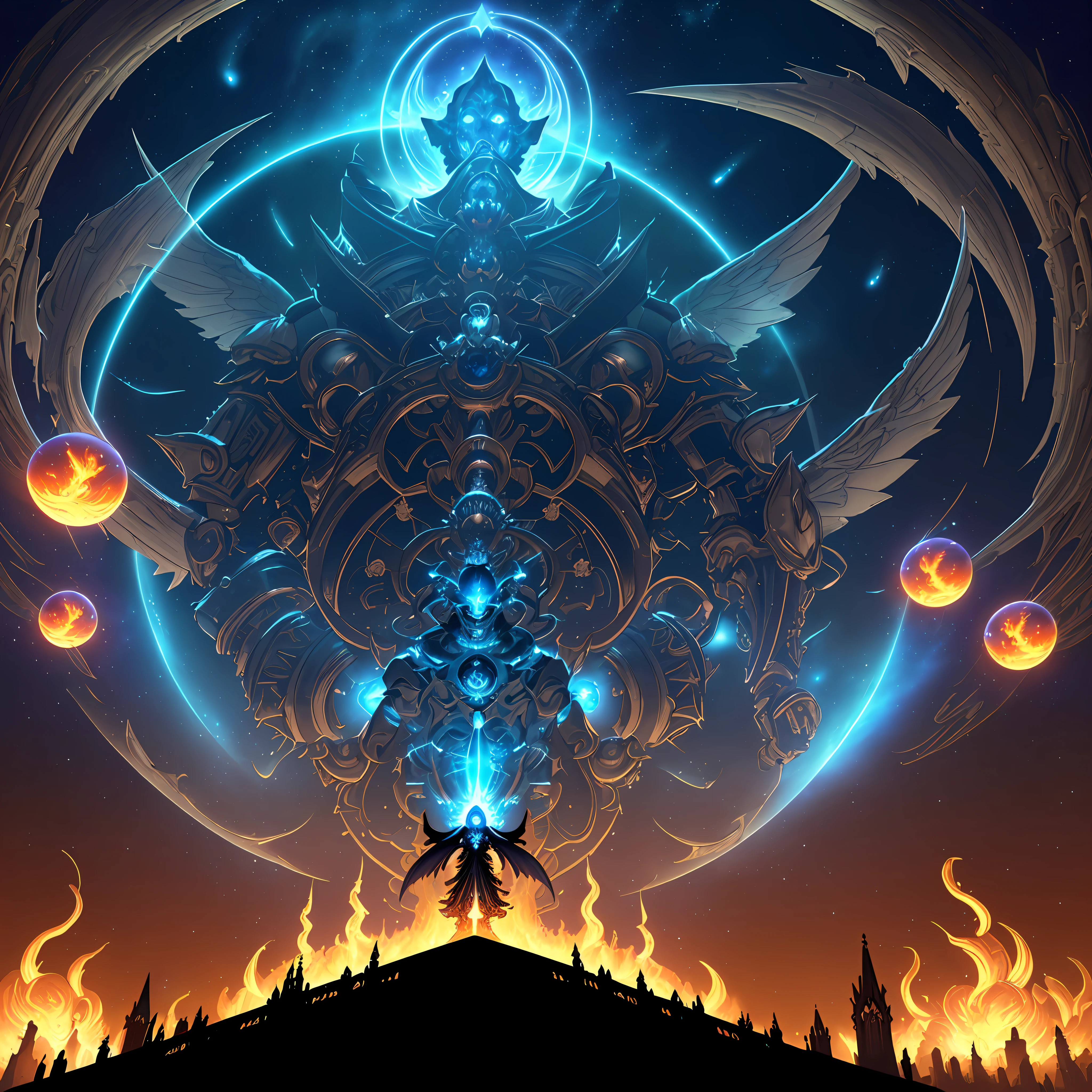 (android mechanical lich in foreground hovering above a massive gothic cathedral)=1.6, robot wings:Unholy Bioluminescent Flame,earnst haeckel, james jean. generative art, baroque, intricate patterns=1.1, fractalism, movie still, photorealistic, intricate, elegant=1.4, highly detailed, artstation, smooth, sharp focus, illustration, outrun, vaporware,epic wide angle shot, (monsters trapped in orbs of pure unholy celestial aura), angle from side, (Golden Death Mask) = 1.8, cinematic lighting, blank stare:yawning, (looking at viewer), {Masterpiece}, ((Massive Unholy blue flame meteors falling in background))=1.7, 1man