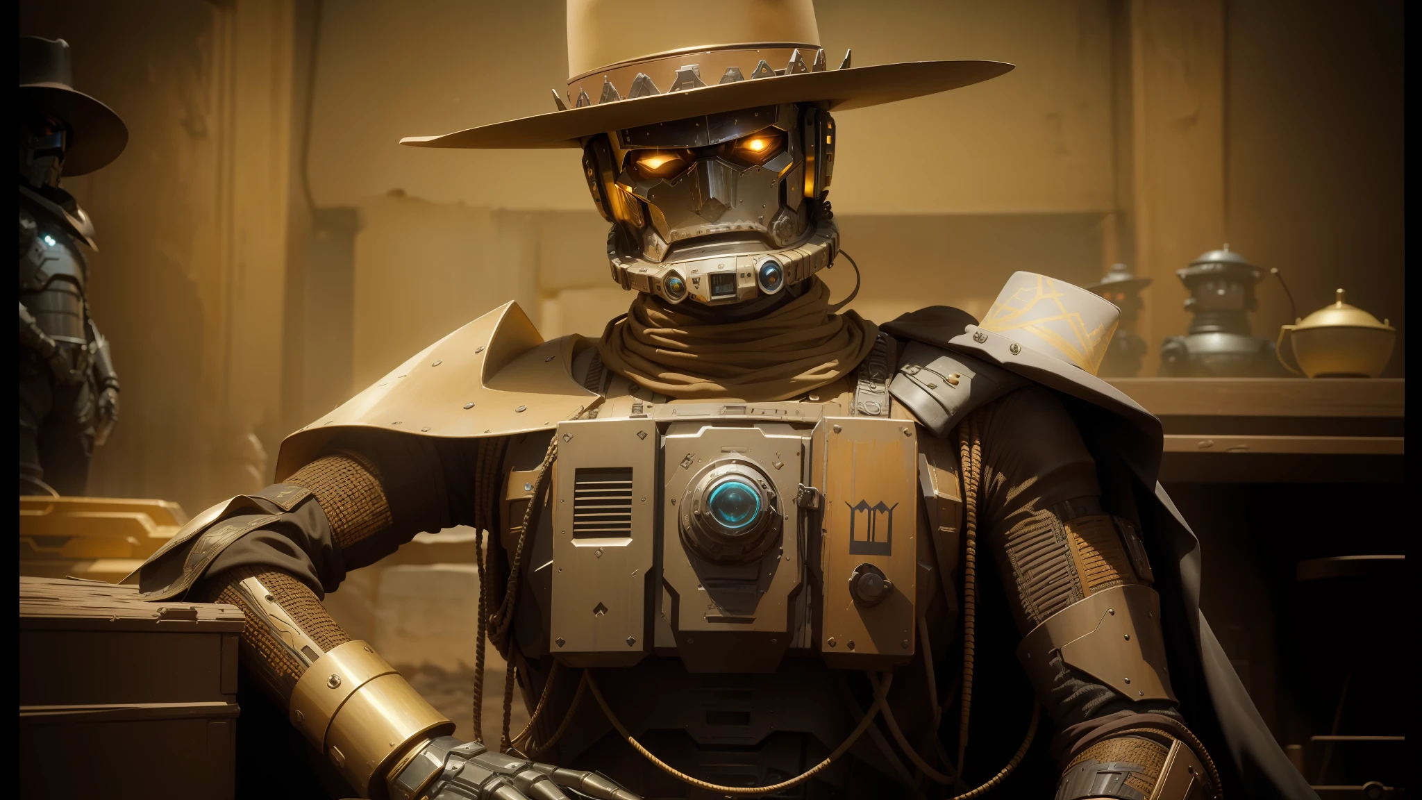 arafed robot with a hat and a suit of armor, 4 k wild west, best of behance, brown and gold, black stetson hat, love death + robots, solarpunk, u.s. national security advisor, cgsociety - w 1 0 2 4 - n 8 - i, ruggedly handsome ranger, at high noon --auto --s2