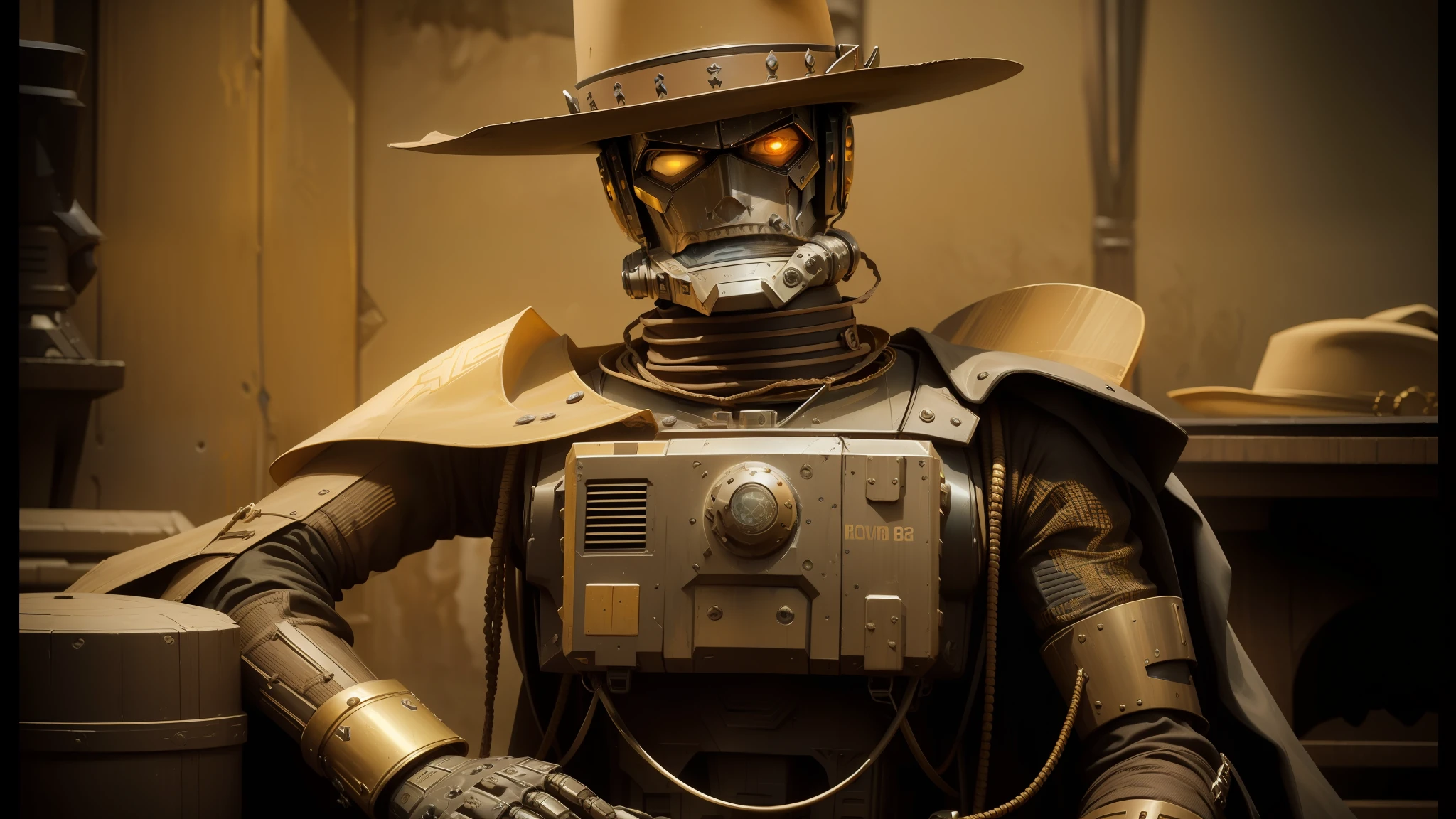 arafed robot with a hat and a suit of armor, 4 k wild west, best of behance, brown and gold, black stetson hat, love death + robots, solarpunk, u.s. national security advisor, cgsociety - w 1 0 2 4 - n 8 - i, ruggedly handsome ranger, at high noon --auto --s2