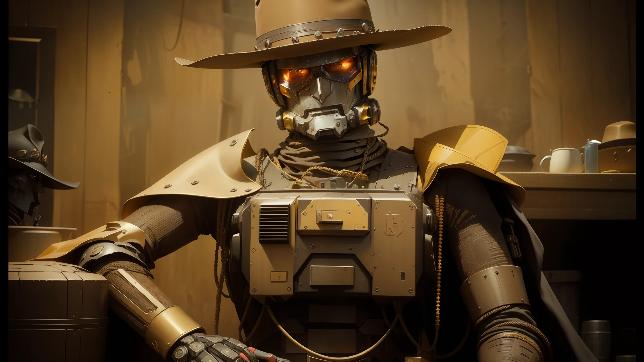 arafed robot with a hat and a suit of armor, 4 k wild west, best of behance, brown and gold, black stetson hat, love death + robots, solarpunk, u.s. national security advisor, cgsociety - w 1 0 2 4 - n 8 - i, ruggedly handsome ranger, at high noon --auto --s2