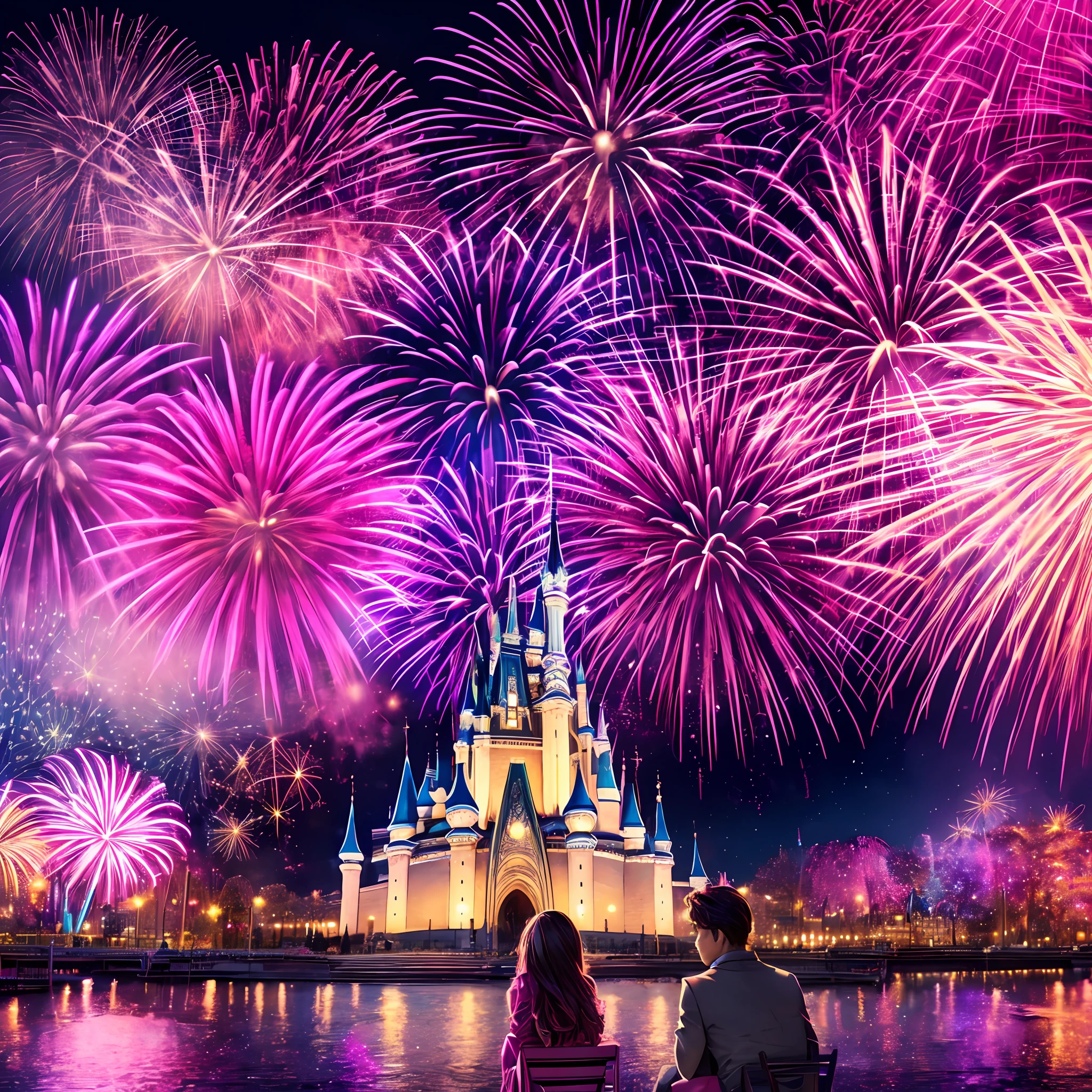 Masterpiece, High Resolution, Best Quality, Ultra HD, Super Detail, Award-Winning Retina, 16k, Detailed Background, (Magenta and Pink Castle), Lights, (Colored Fireworks), Night, Ferris Wheel, Spring, Forest, Footprints, Windows, People Sitting on the Ground, (Couple), (Fireworks), Close Up --auto --s2