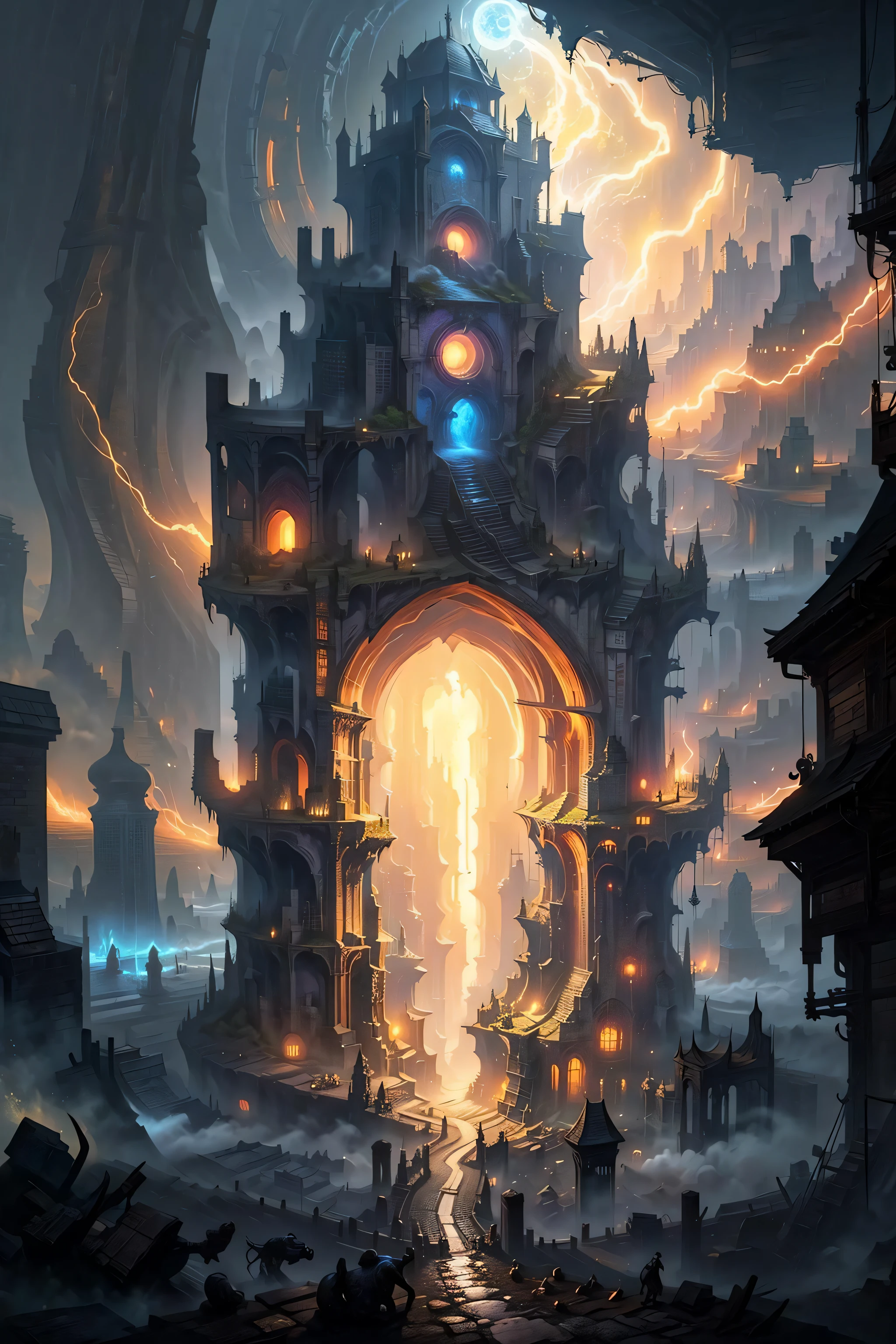 A dungeon with a lighting portal in the style of D14bl0