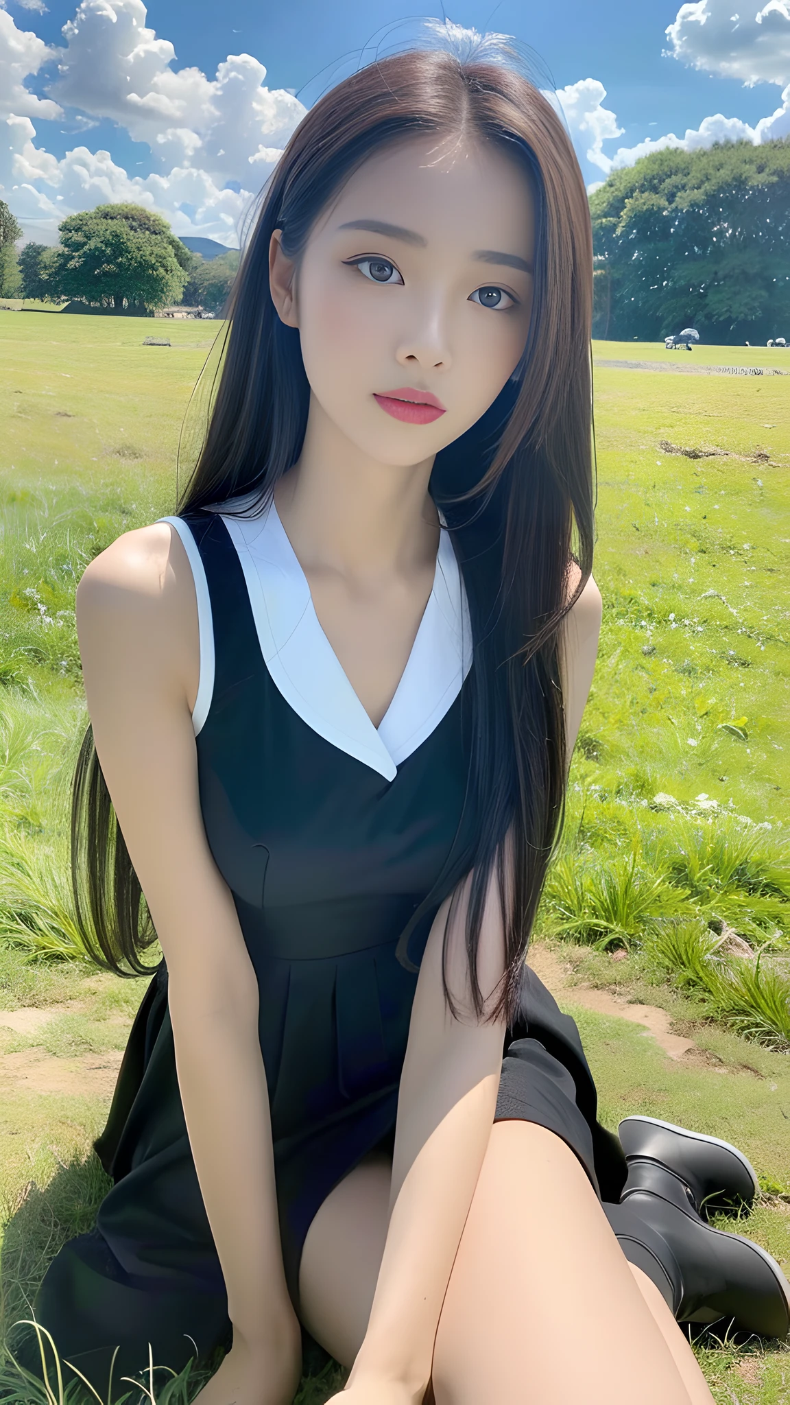 ((Best Quality, 8K, Masterpiece:1.3)), A beautiful girl, pure, melon face, gentle and cute, thin figure, (frontal), (tilted head), looking directly at the camera, uniform, obi, formal, black silky long straight hair, long hair flowing shoulders, round black big eyes, clear big eyes, moist red lips, sweet, sitting on the grassland, sunshine, blue sky and white clouds, grassland background,
