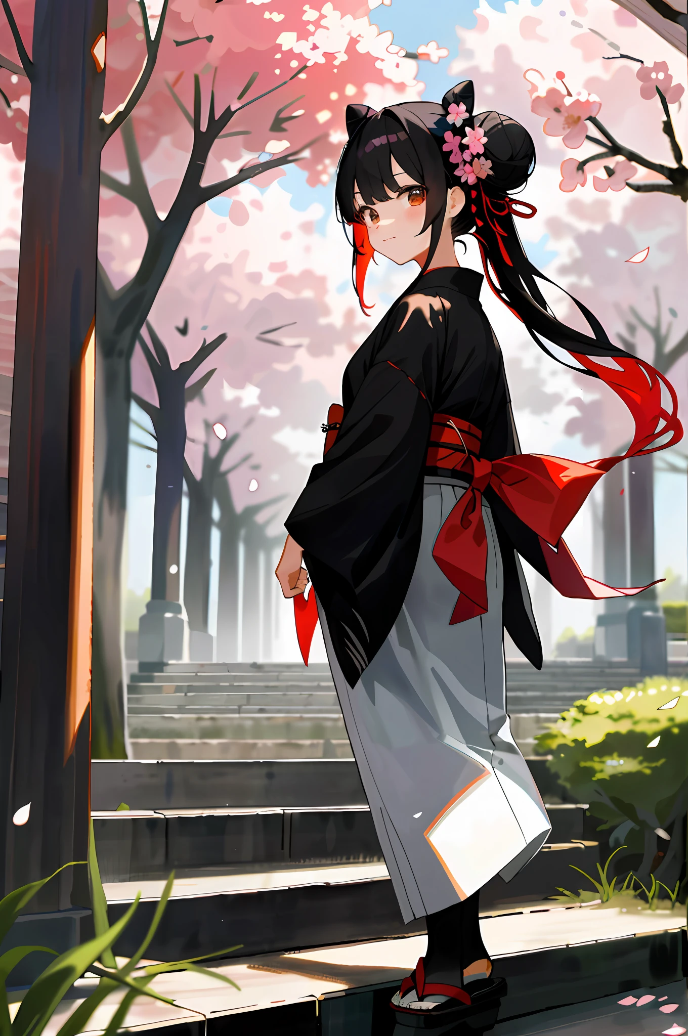 ((masterpiece,best quality)),2girls, black kimono, black legwear, black ribbon, black hair, cherry blossoms, day, flower, hair bun, hair ribbon, japanese clothes, kimono, long hair, looking at viewer, looking back ，多个女孩，腰带，户外，红眼睛，红头发，缎带，凉鞋，单人发髻，楼梯，站立，雕像，鸟居，树，白色和服，黄色眼睛