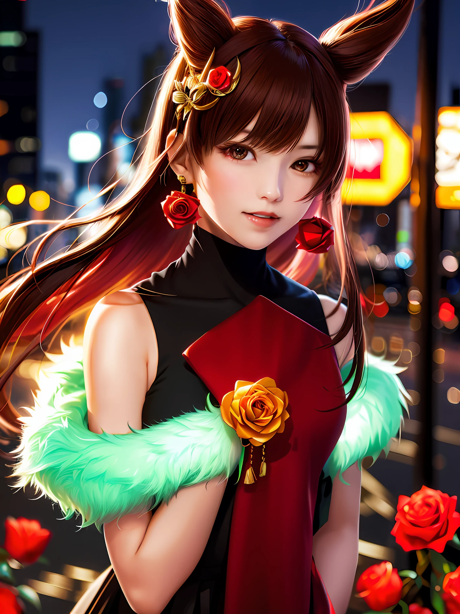 1girl, Tokyo street,night, cityscape,city lights, upper body,close-up, 8k, RAW photo, best quality, masterpiece,realistic, photo-realistic,headgear of red rose, parted bangs, long hair,