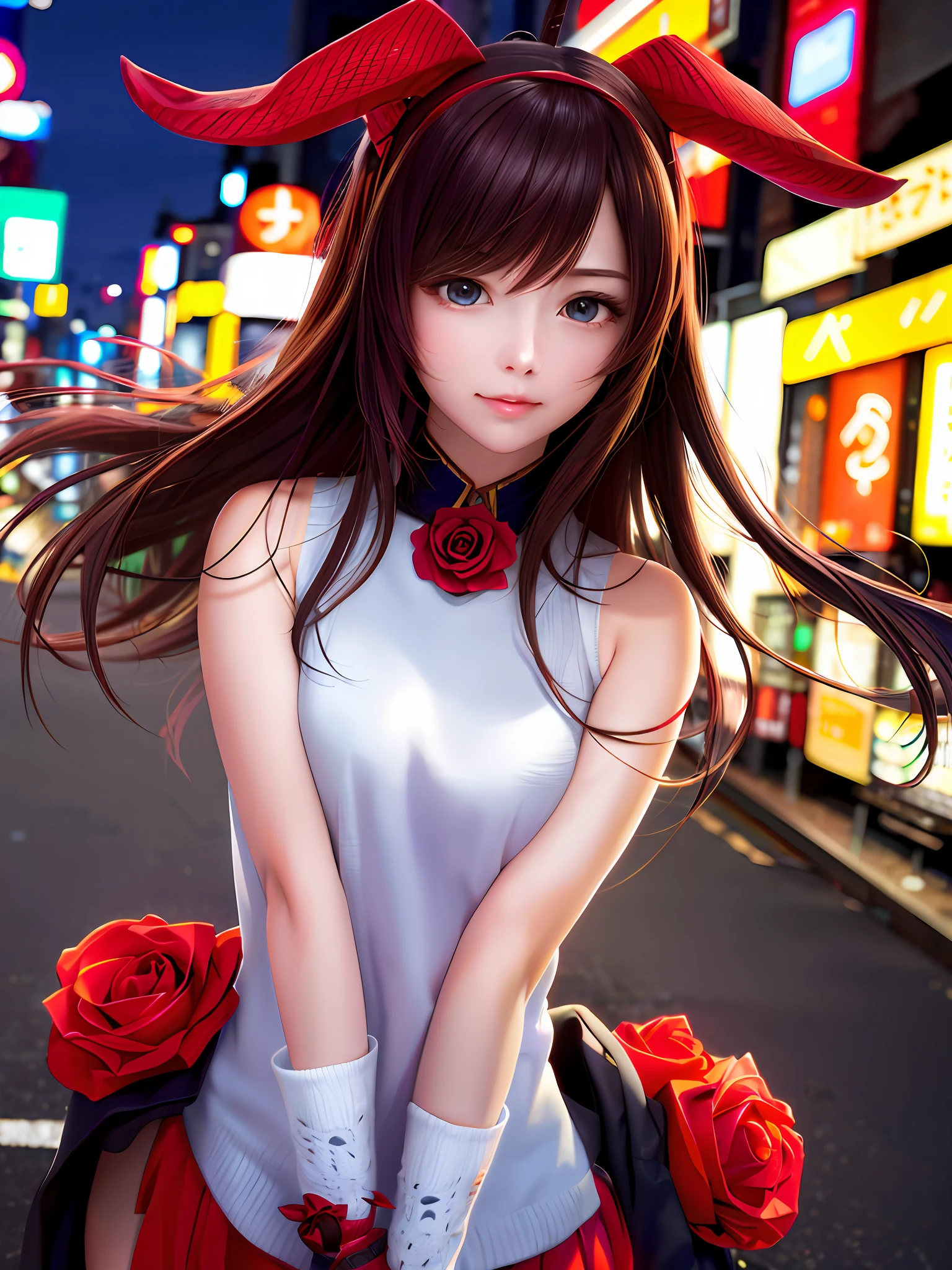 1girl, Tokyo street,night, cityscape,city lights, upper body,close-up, 8k, RAW photo, best quality, masterpiece,realistic, photo-realistic,headgear of red rose, parted bangs, long hair,