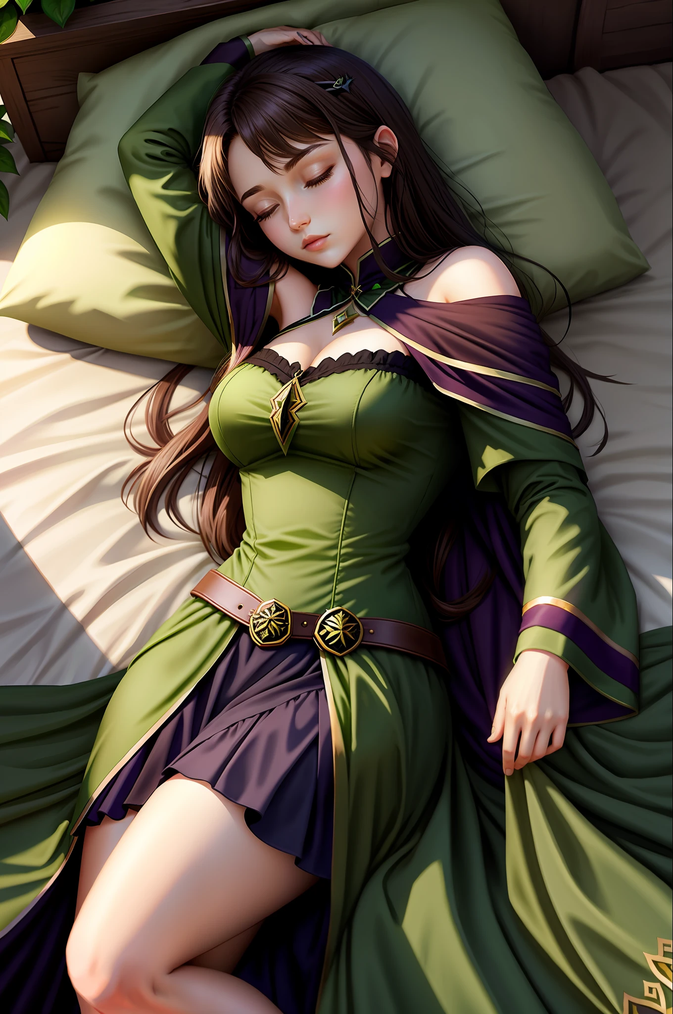 Huntress Mage Full Body Dark Brown Hair Green Dress Sleeping Fairies