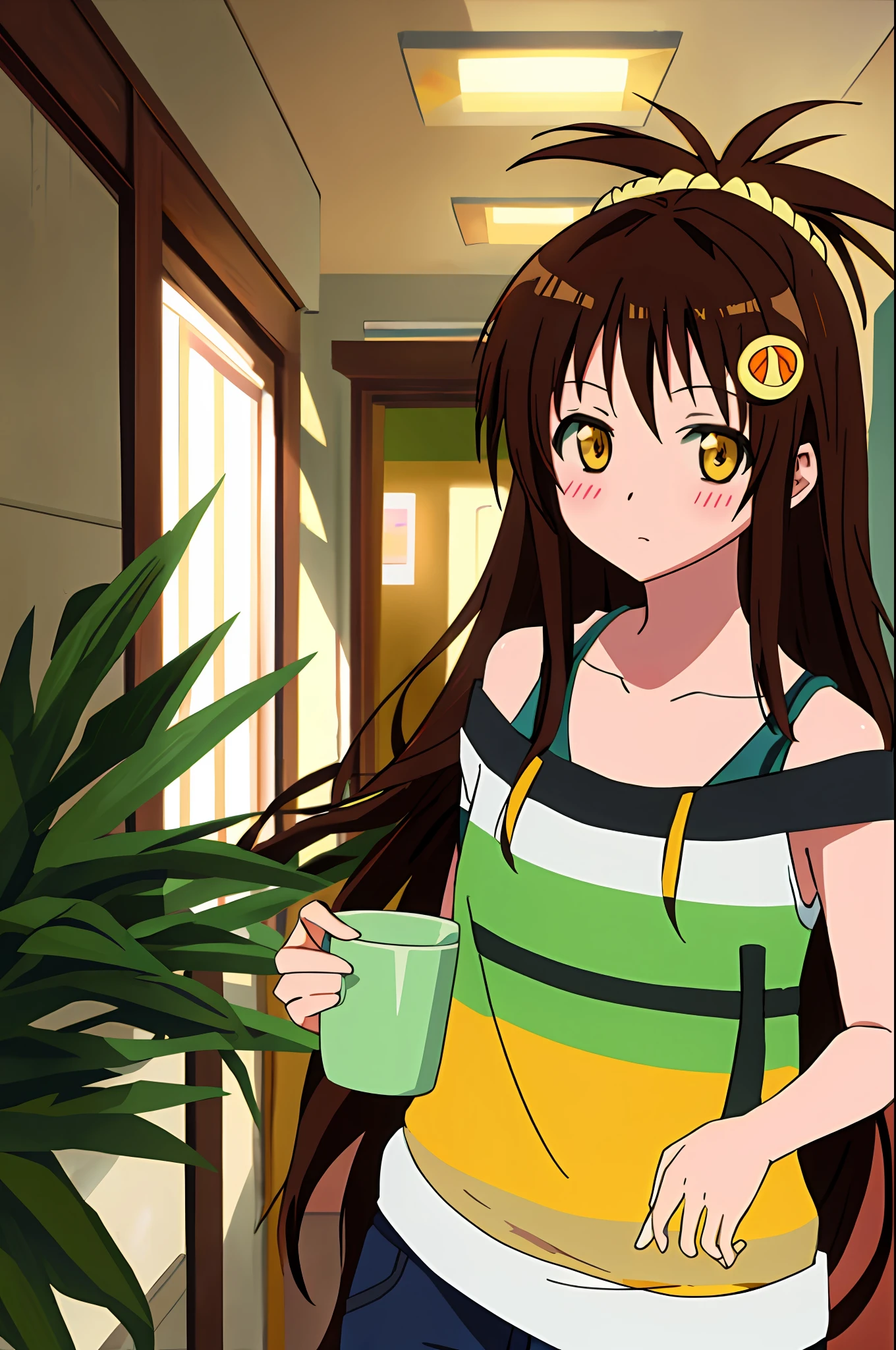 mikan, anime art style, 1girl, solo, long_hair, looking_at_viewer, blush, brown_hair, hair_ornament, bare_shoulders, underwear, collarbone, yellow_eyes, topknot