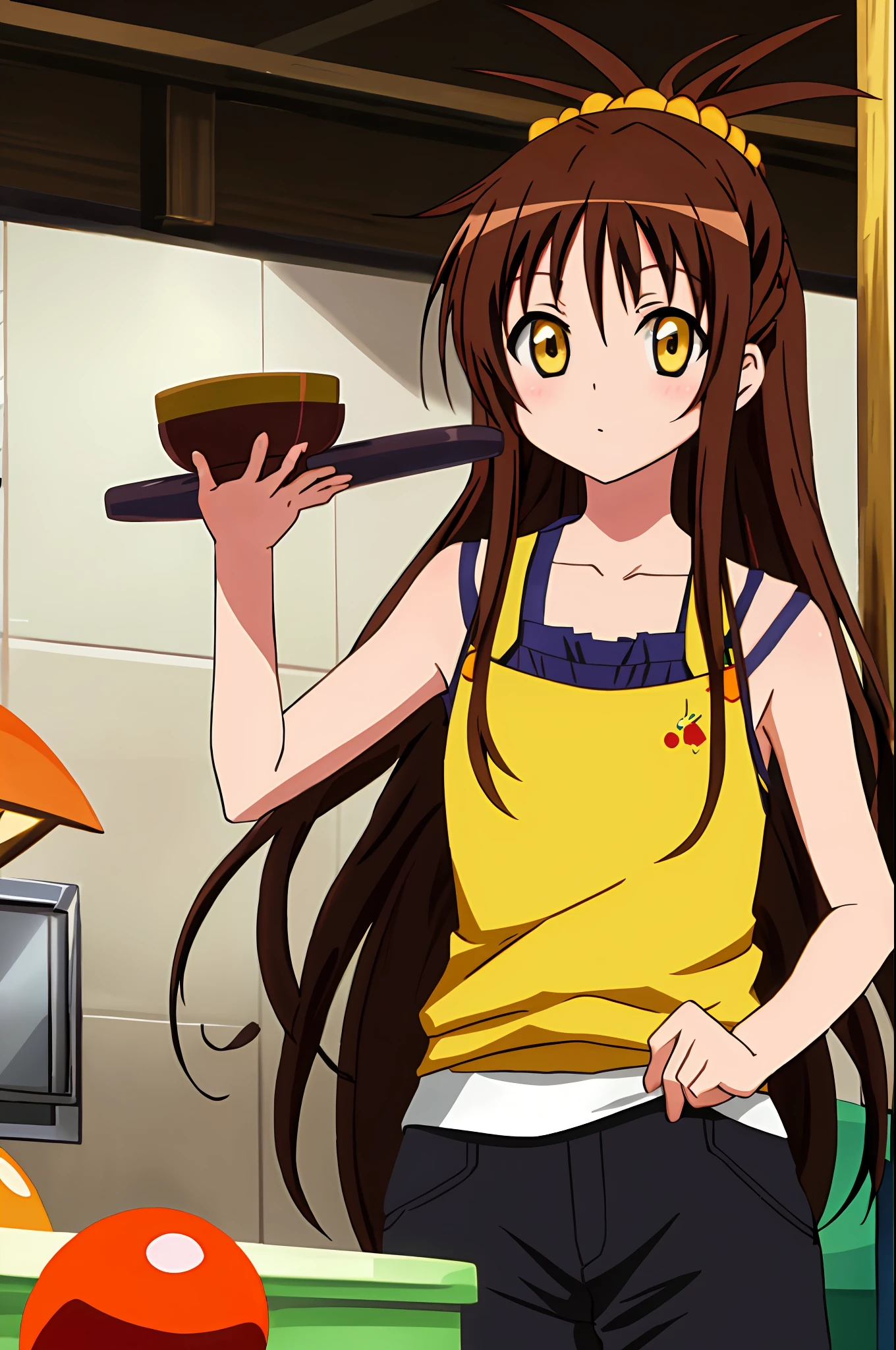 mikan, anime art style, 1girl, solo, long_hair, looking_at_viewer, blush, brown_hair, hair_ornament, bare_shoulders, underwear, collarbone, yellow_eyes, topknot