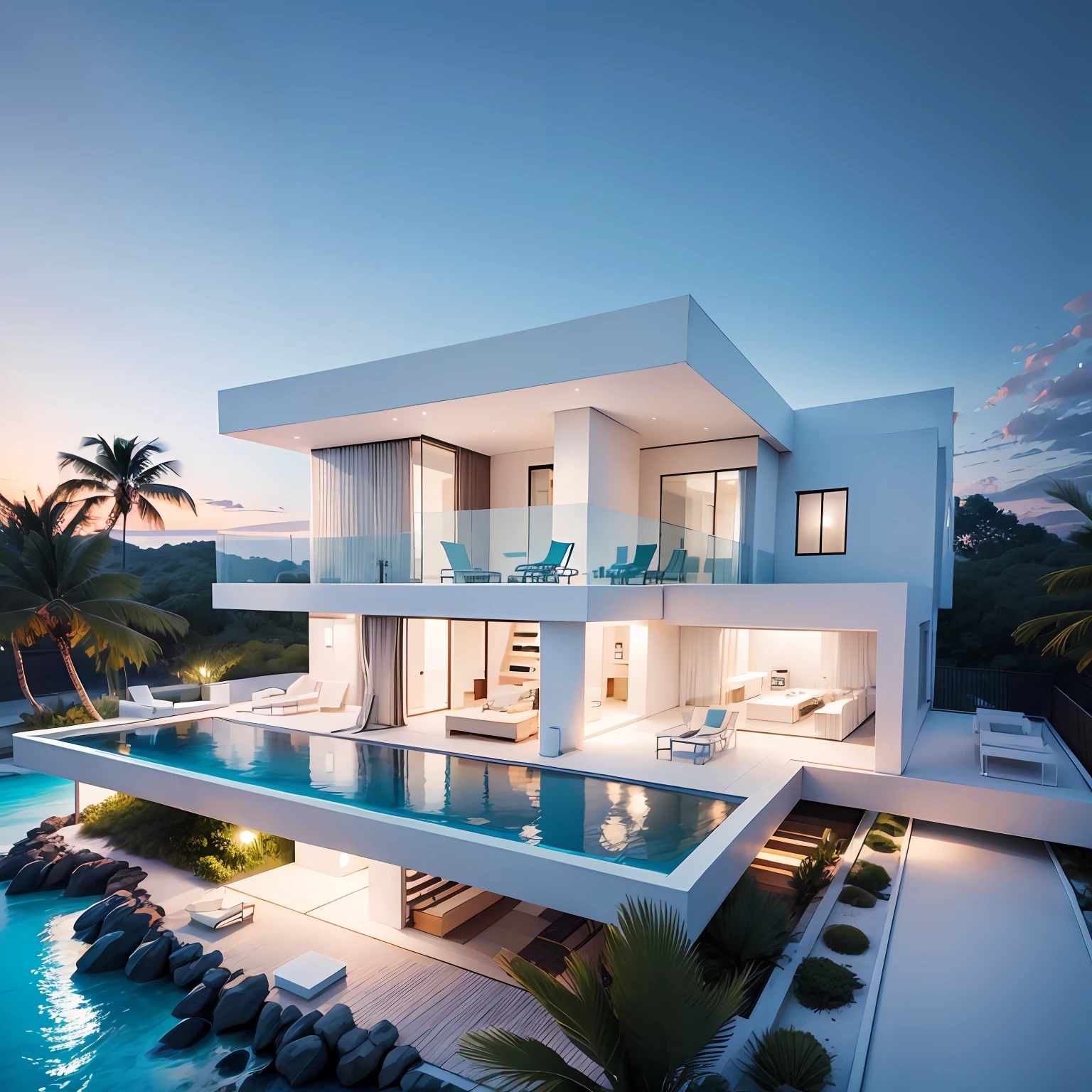 House on the edge of the beach, modern and white --auto --s2