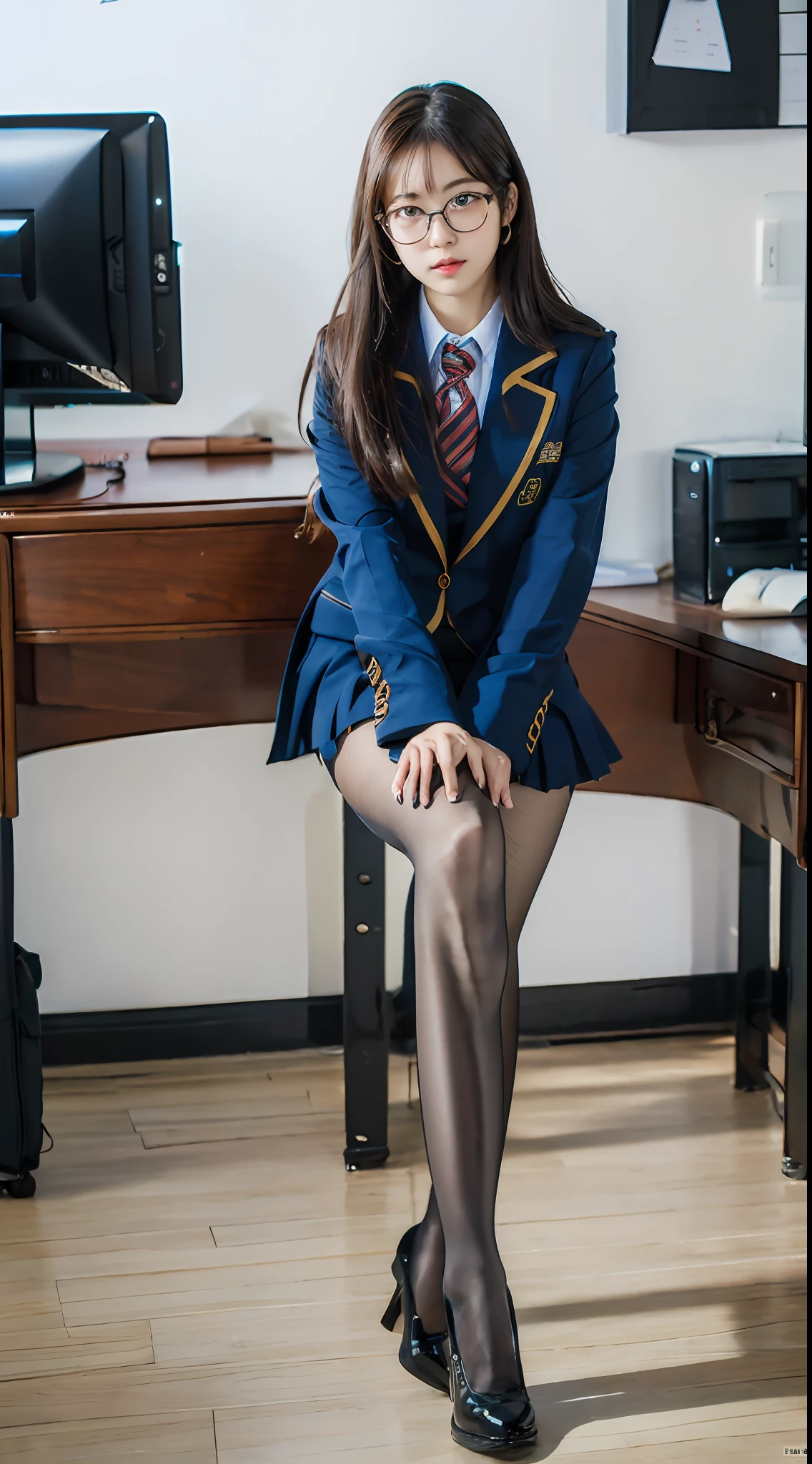 ulzzang-6500-v1.1, (raw photo:1.2), (photorealistic:1.4), beautiful detailed girl, very detailed eyes and face, beautiful detailed eyes, absurd, incredibly ridiculous, huge file size, super detailed, high resolution, very detailed, best quality, masterpiece, kemomimi, ((office lady's uniform)), illustration, very detailed, CG, Unity, 8k wallpaper, amazing, fine details, masterpiece, best quality, very detailed CG uniform 8k wallpaper, face light, movie lighting, 1girl, 16 years old, (without panties)), (with glasses), ((dynamic pose)), (camel toe), (half), (pantyhose), (pantyhose and legs)), ((knee-bending and leg-holding))