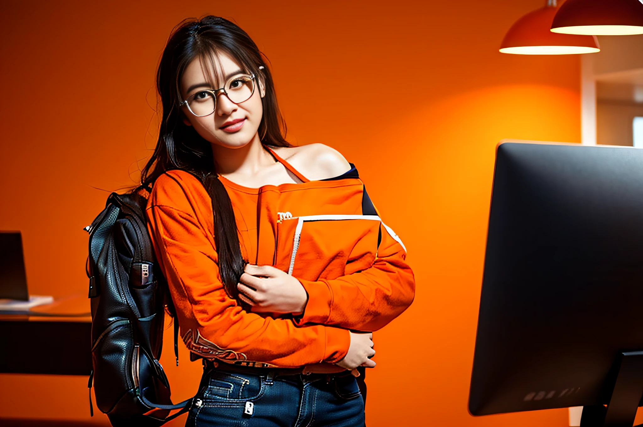 20 year old student girl wearing glasses, hand holding laptop macbook, ((wearing an orange t-shirt with arcline on the shoulder)), ((orange shirt without everything else logo)), long wavy black hair, detailed face, looing at the viewer, office interior in the background, blurred background, sharp focus, intricate, photographic, award winning photograph, 8k wallpaper, professional studio llghting, trending on artstation,