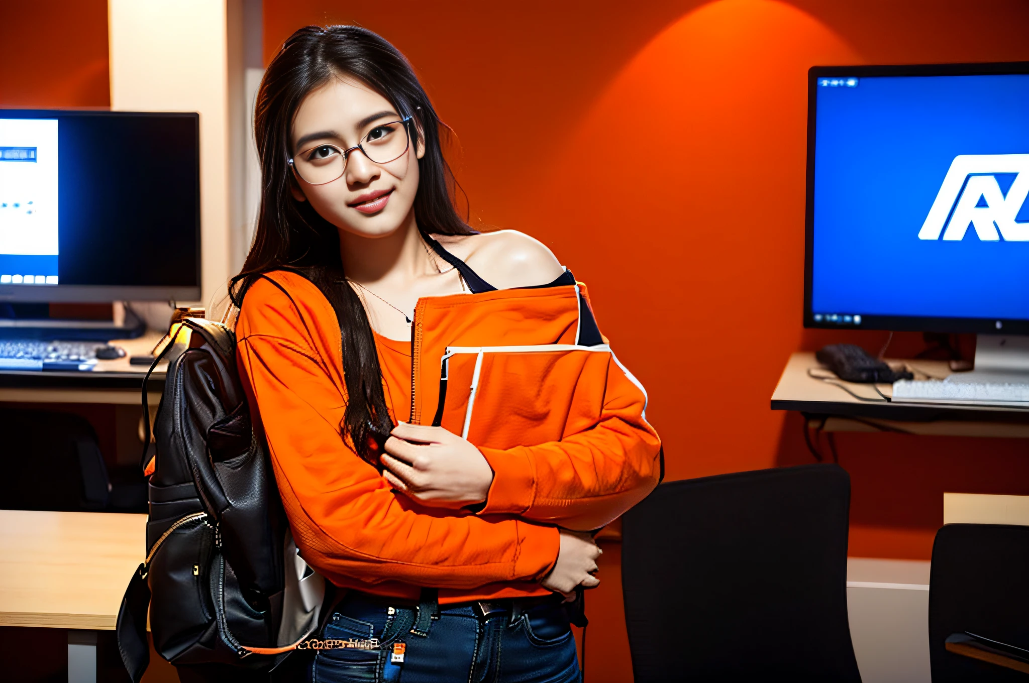20 year old student girl wearing glasses, hand holding laptop macbook, ((wearing an orange t-shirt with arcline on the shoulder)), ((orange shirt without everything else logo)), long wavy black hair, detailed face, looing at the viewer, office interior in the background, blurred background, sharp focus, intricate, photographic, award winning photograph, 8k wallpaper, professional studio llghting, trending on artstation,