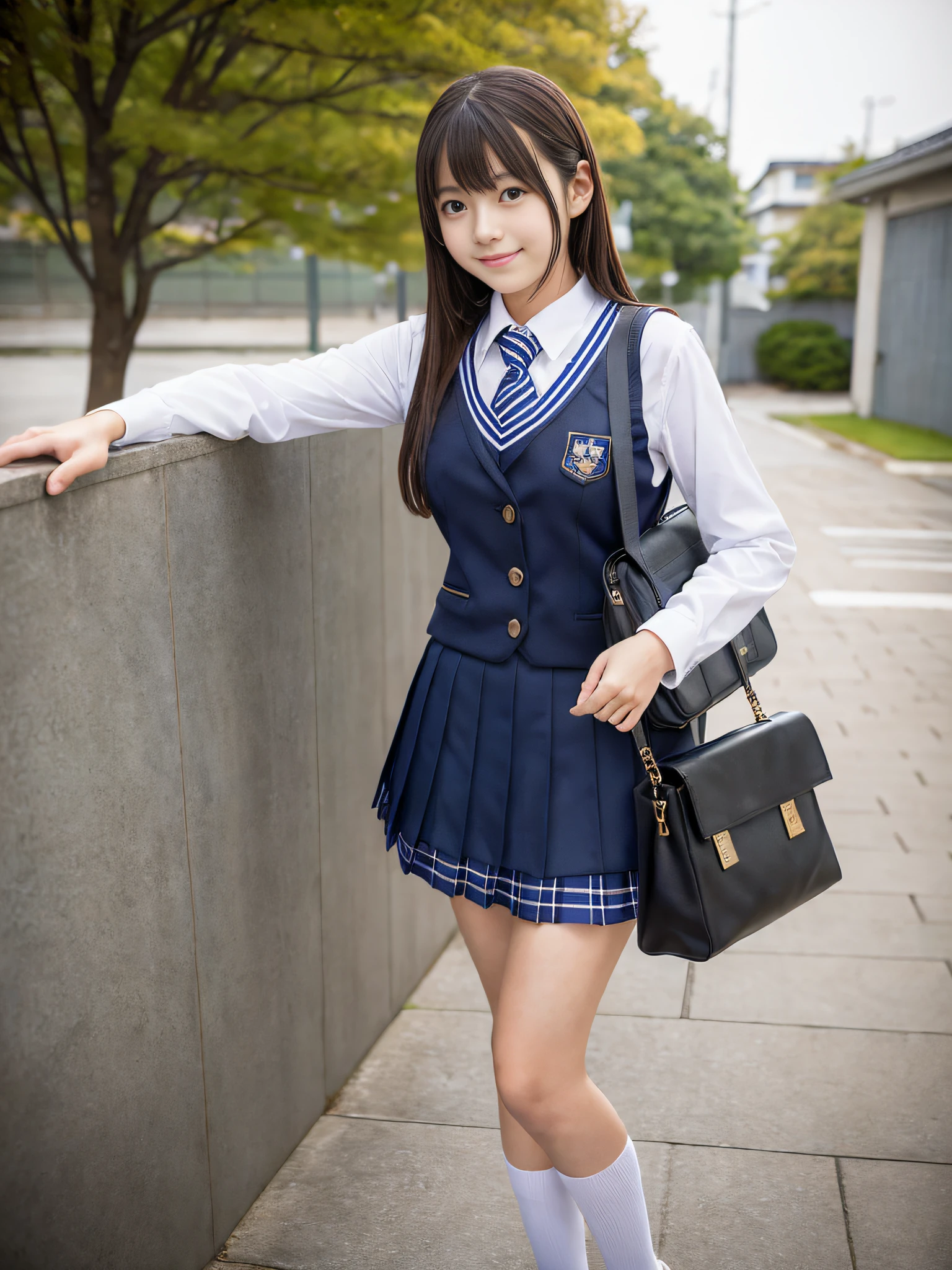 Woman standing on wall with bag, ultra realistic school girl, high school girl pose, cute schoolgirl, surreal schoolgirl, wearing Japan uniform, wearing Japan school uniform, school girl, realistic young gravure idol, Japan girl uniform, young gravure idol