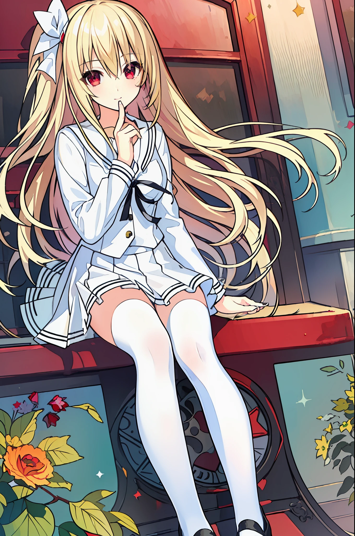 18 year old beautiful girl, ((((Masterpiece)))), ((highest quality)))), ((very detailed))), detailed fingers, precise fingers, not unnatural hands, illustration, 1 girl, solo, blonde right side pony, blonde long hair, white ribbon on right hair, white school uniform, red eyes, white mini skirt, white knee socks, black shoes, dynamic pose, MAYURI