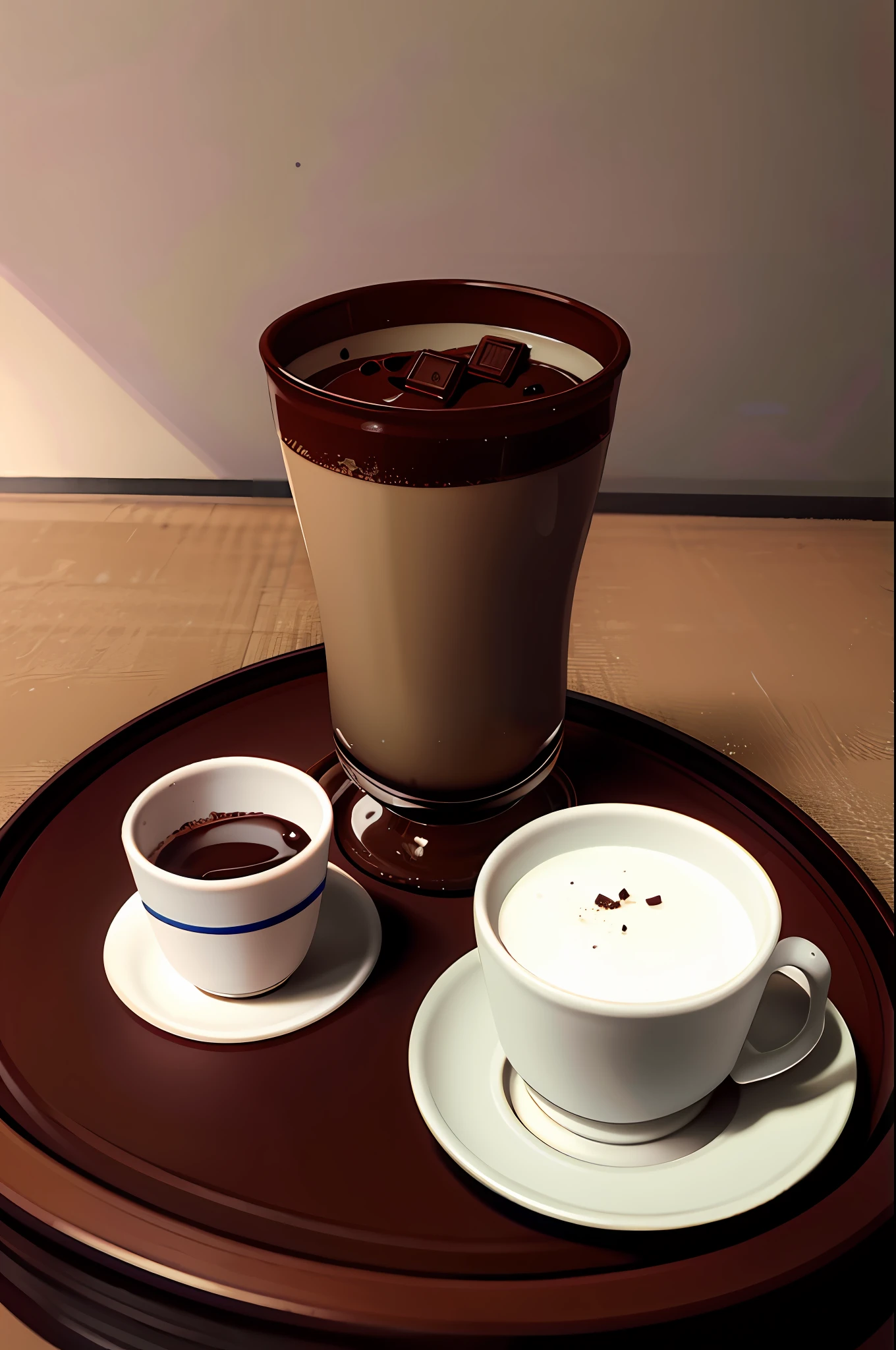 Chocolate pistachio filling, tasty, creamy, juicy, table in dark brown tones, chocolate shavings on the table, glass cup with hot chocolate, cup of carbonated water, small truffle next to cup, room with great lighting, background in shades of gray, best quality, high resolution, realistic, 4k
