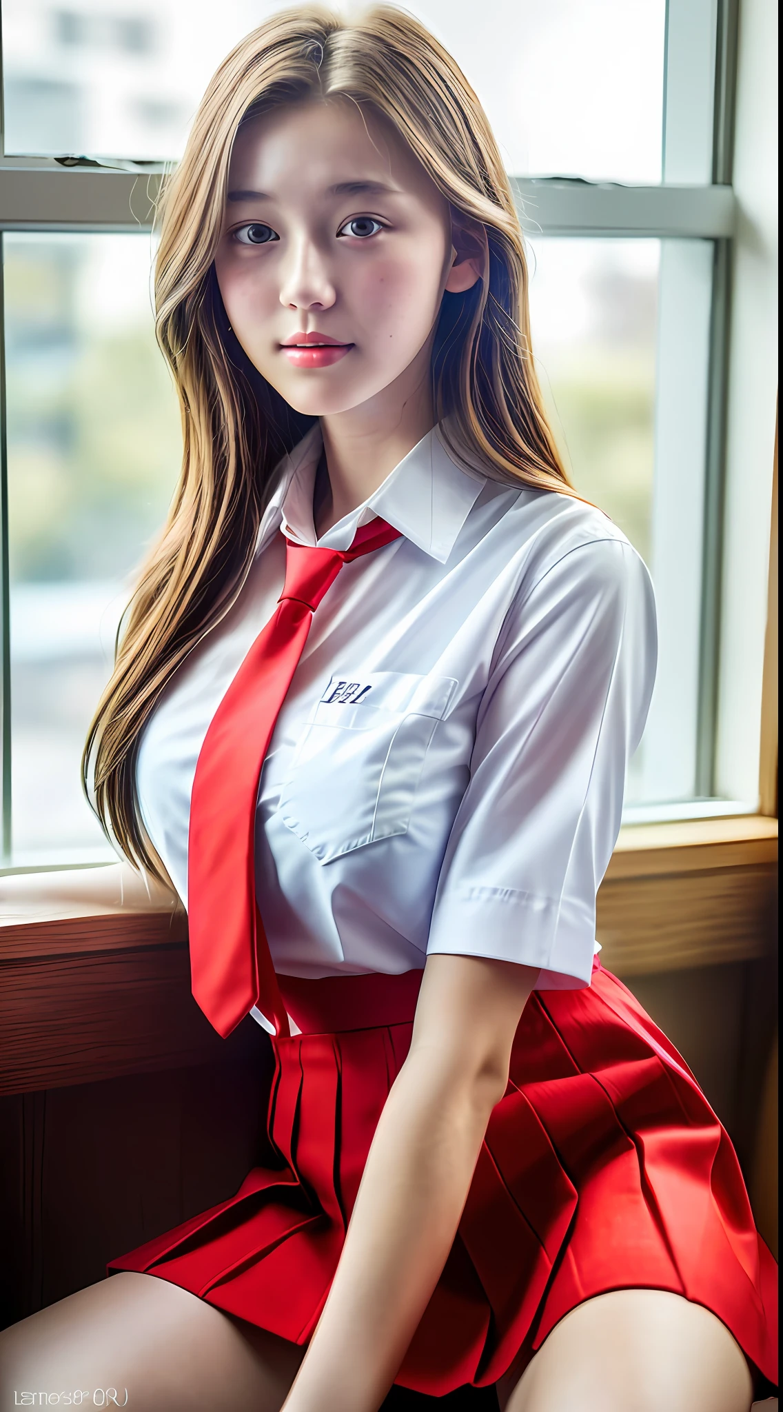 (8k, RAW photo, best quality, masterpiece:1.2), beautiful 16 year old girl, looking at viewer, lovely face, (big breasts), sitting by window classroom, ((short white shirt)) (with 1 pocket), ((long red tie, short red skirt)), beautiful delicate eyes, (realistic, photo realistic:1)