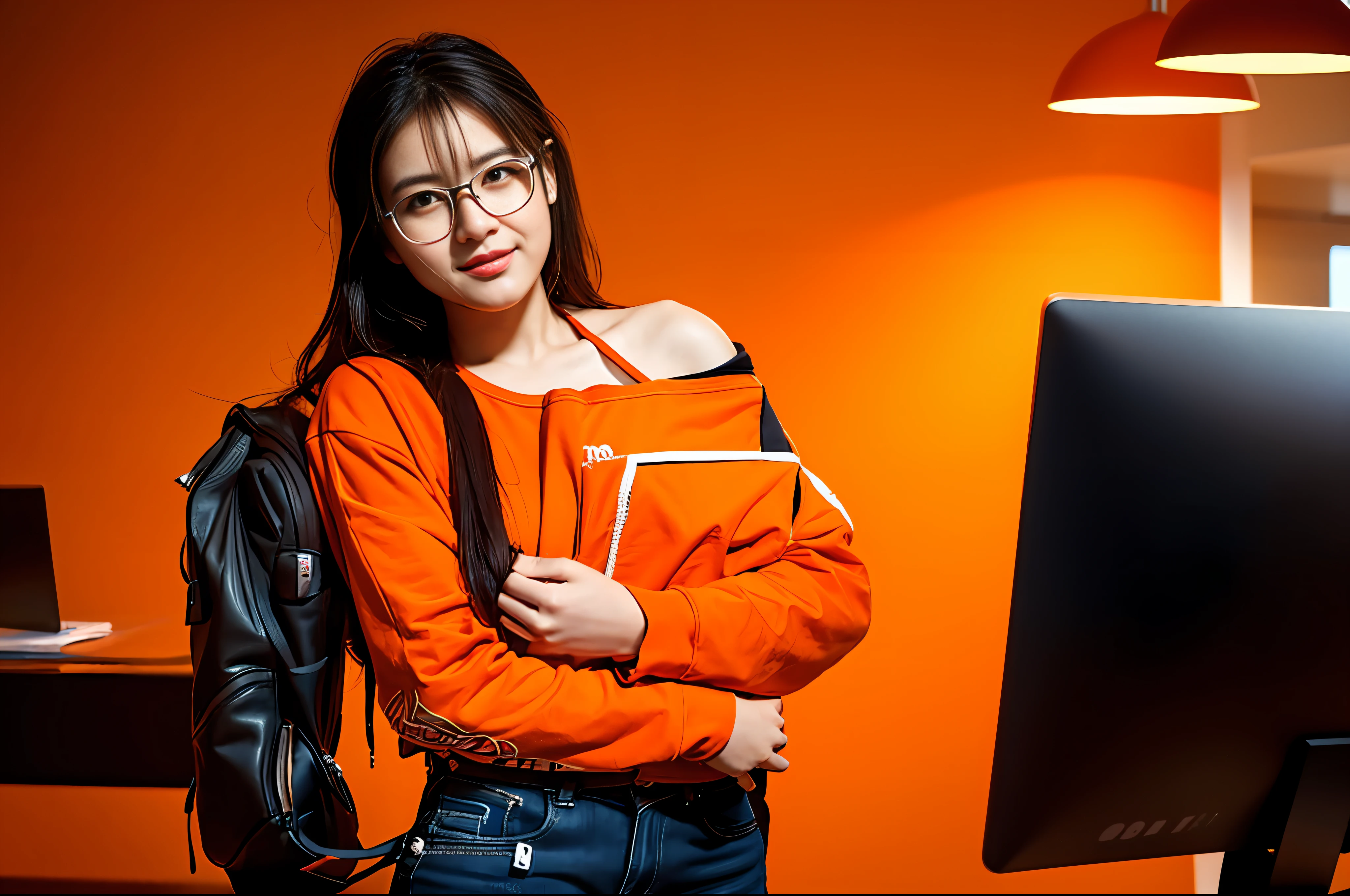 20 year old student girl wearing glasses, hand holding laptop macbook, ((wearing an orange t-shirt with arcline on the shoulder)), ((orange shirt without everything else logo)), long wavy black hair, detailed face, looing at the viewer, office interior in the background, blurred background, sharp focus, intricate, photographic, award winning photograph, 8k wallpaper, professional studio llghting, trending on artstation,