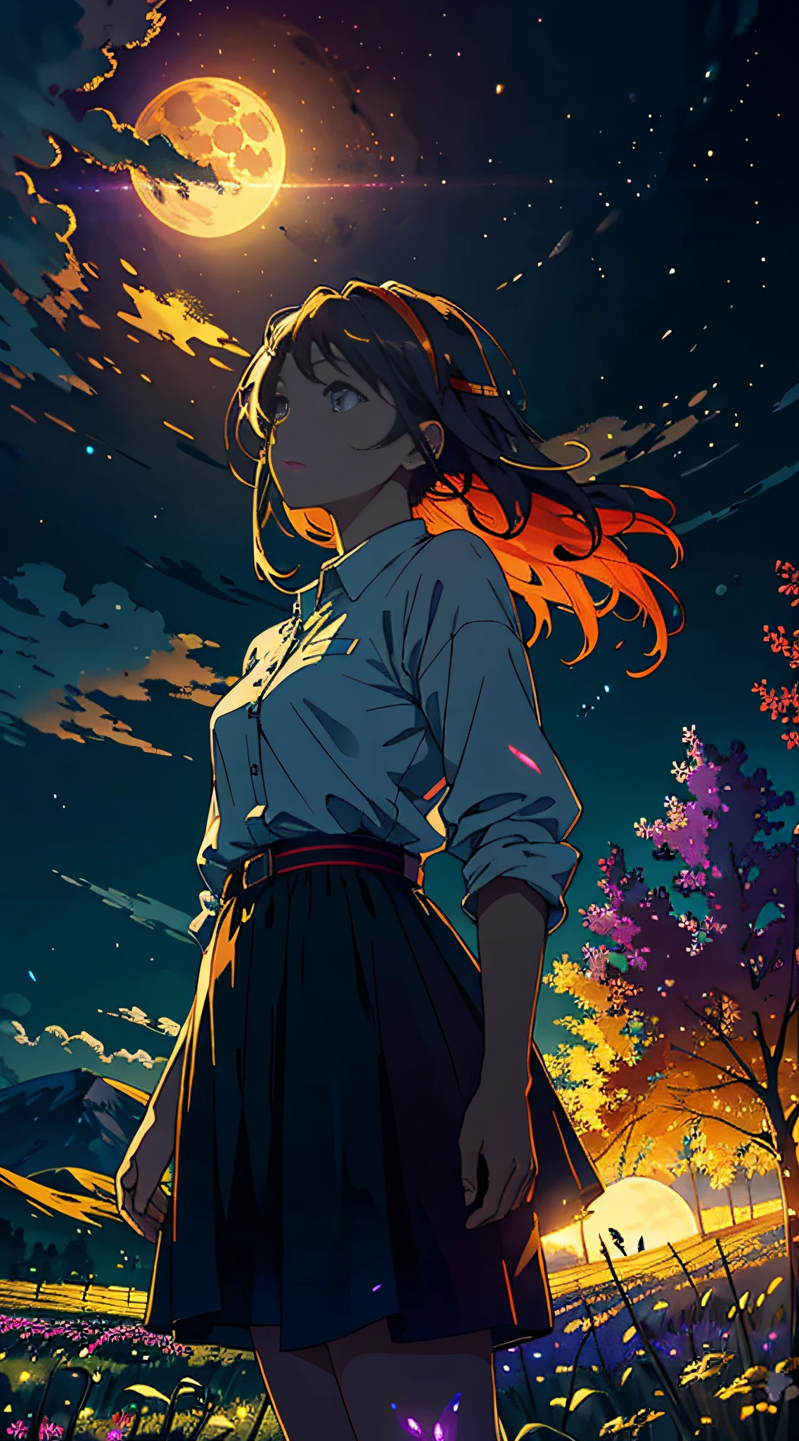 A wide landscape photo, (viewed from below, the sky is above, and the open field is below), a girl standing on a flower field looking up, (full moon: 1.2), (meteor: 0.9), (nebula: 1.3), distant mountains , Trees BREAK Crafting Art, (Warm Light: 1.2), (Firefly: 1.2), Lights, Lots of Purple and Orange, Intricate Details, Volumetric Lighting BREAK (Masterpiece: 1.2), (Best Quality), 4k, Ultra Detailed, (Dynamic Composition: 1.4), Rich in Detail and Color, (Rainbow Color: 1.2), (Glow, Atmospheric Lighting), Dreamy, Magical, (Solo: 1.2)