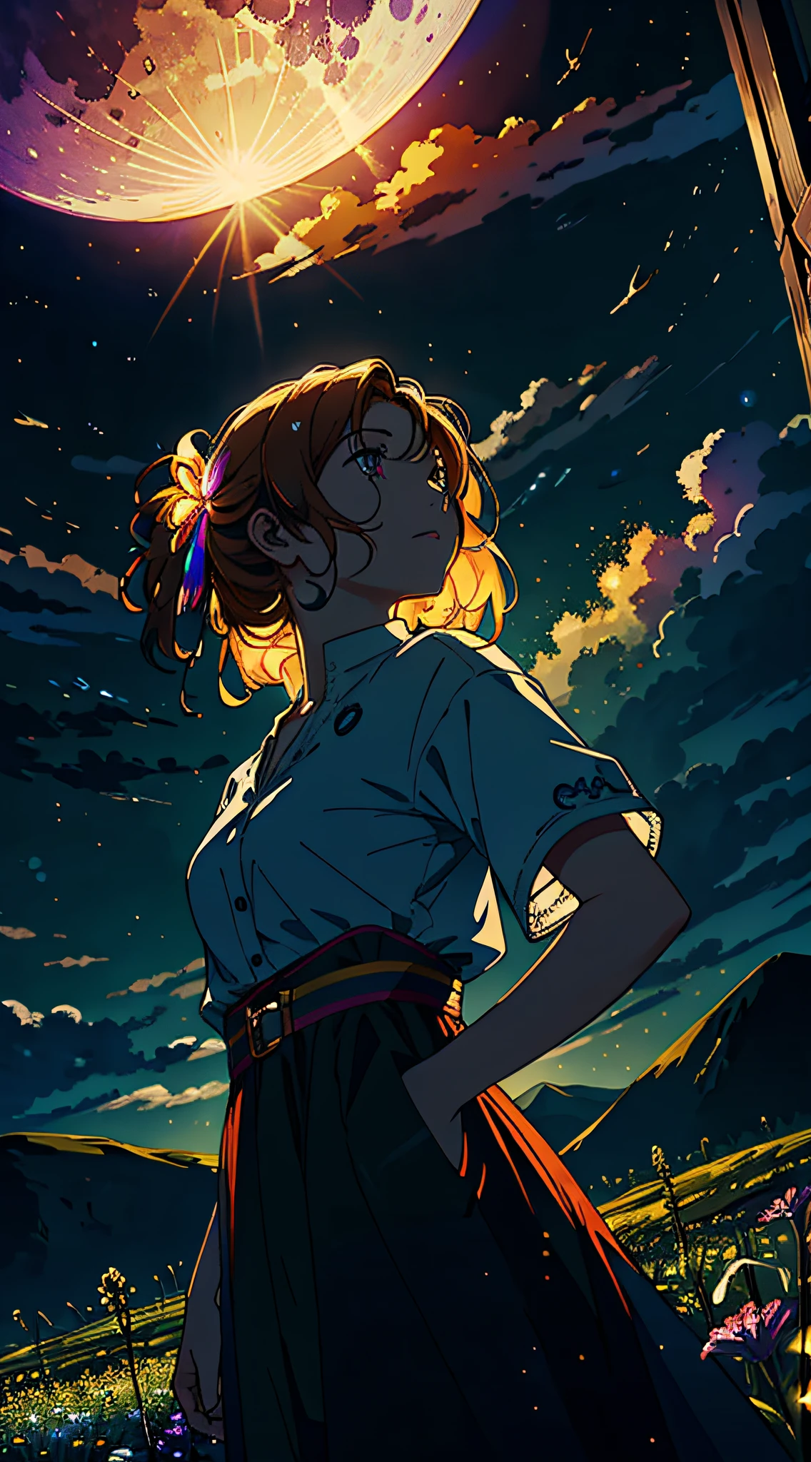 A wide landscape photo, (viewed from below, the sky is above, and the open field is below), a girl standing on a flower field looking up, (full moon: 1.2), (meteor: 0.9), (nebula: 1.3), distant mountains , Trees BREAK Crafting Art, (Warm Light: 1.2), (Firefly: 1.2), Lights, Lots of Purple and Orange, Intricate Details, Volumetric Lighting BREAK (Masterpiece: 1.2), (Best Quality), 4k, Ultra Detailed, (Dynamic Composition: 1.4), Rich in Detail and Color, (Rainbow Color: 1.2), (Glow, Atmospheric Lighting), Dreamy, Magical, (Solo: 1.2)