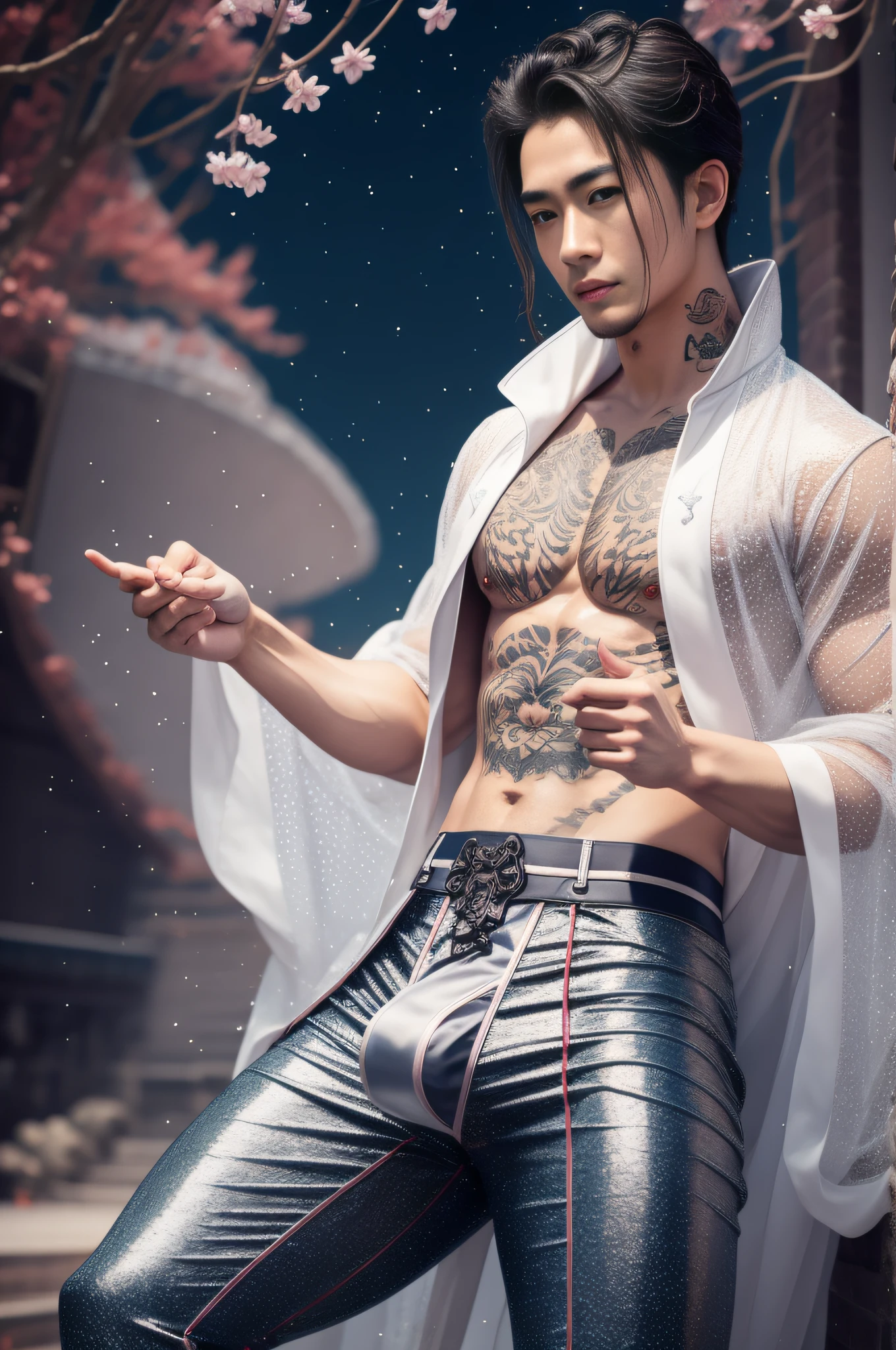 Handsome guy, 25 years old, Asian, master work, best picture quality, higher quality, high detail, super high resolution, 8k resolution, delicate facial features, boy, big muscles, tattoos, glowing eyes, short hair, hair details, [[Look away, look to the side, emphasize homosexuality and pay attention to every detail , open Hanfu transparent tulle jacket, white rubber pants, night, starry sky, flying flowers. Waterfalls, mountains, circling dragons, Chinese courtyard background (((((crotch bulge)))))