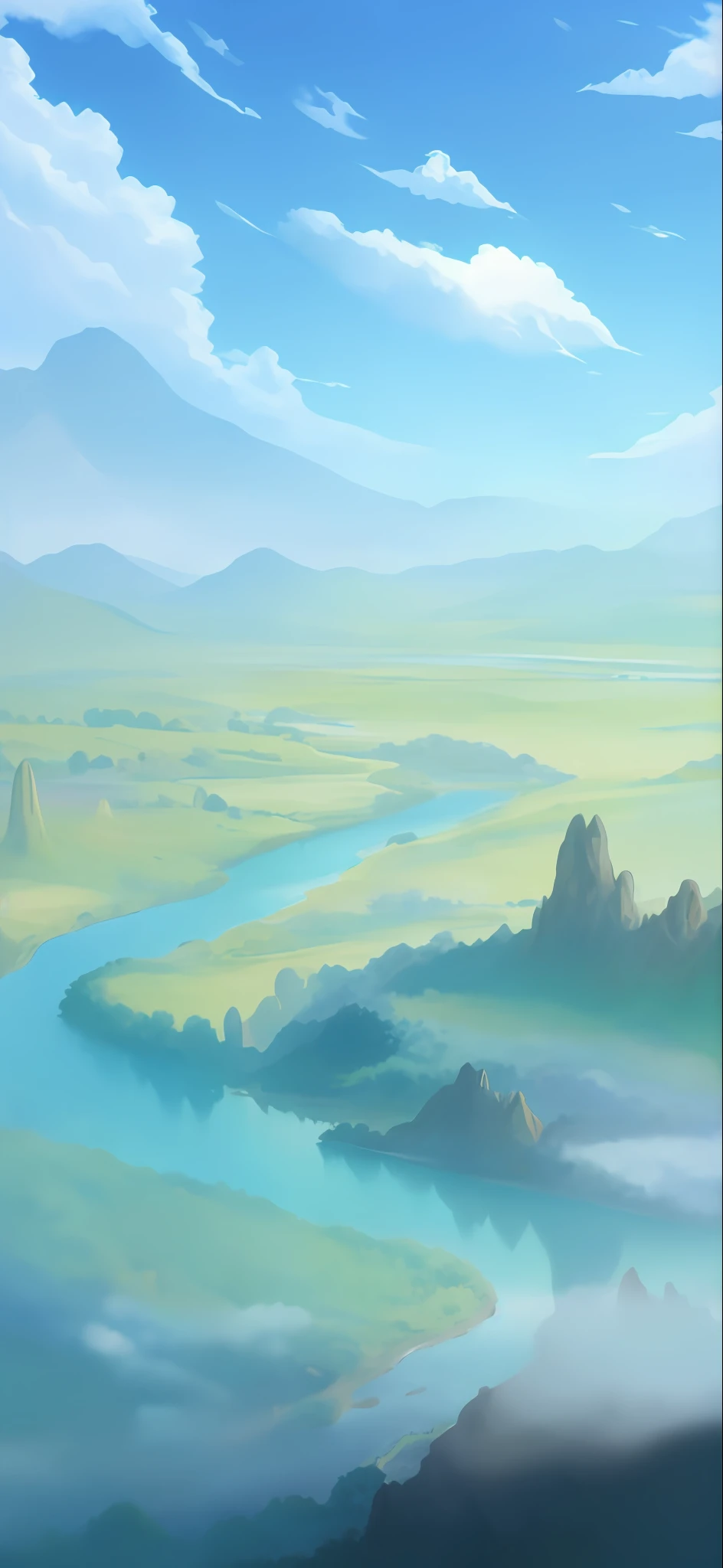 painting of a river running through a valley with mountains in the background, detailed scenery —width 672, gigantic landscape!, anime landscape, an epic landscape, anime landscape wallpaper, anime countryside landscape, rpg landscape, distant valley, vast landscape, dreamy landscape, background art, serene vast landscape, distant village background, most epic landscape, ethereal landscape, epic landscape