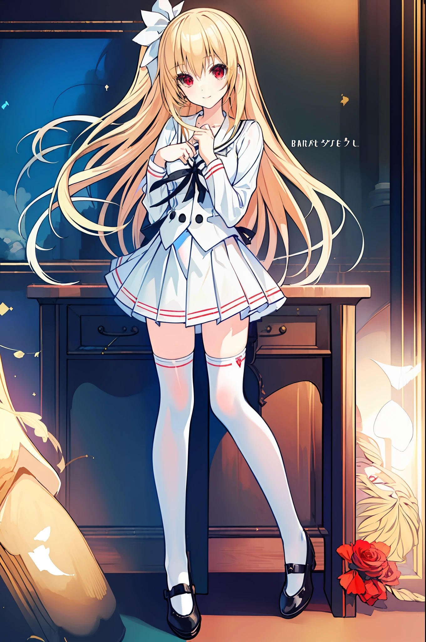 18 year old beautiful girl, ((((Masterpiece)))), ((highest quality)))), ((very detailed))), detailed fingers, precise fingers, not unnatural hands, illustration, 1 girl, solo, blonde right side pony, blonde long hair, white ribbon on right hair, white school uniform, red eyes, white mini skirt, white knee socks, black shoes, dynamic pose, MAYURI