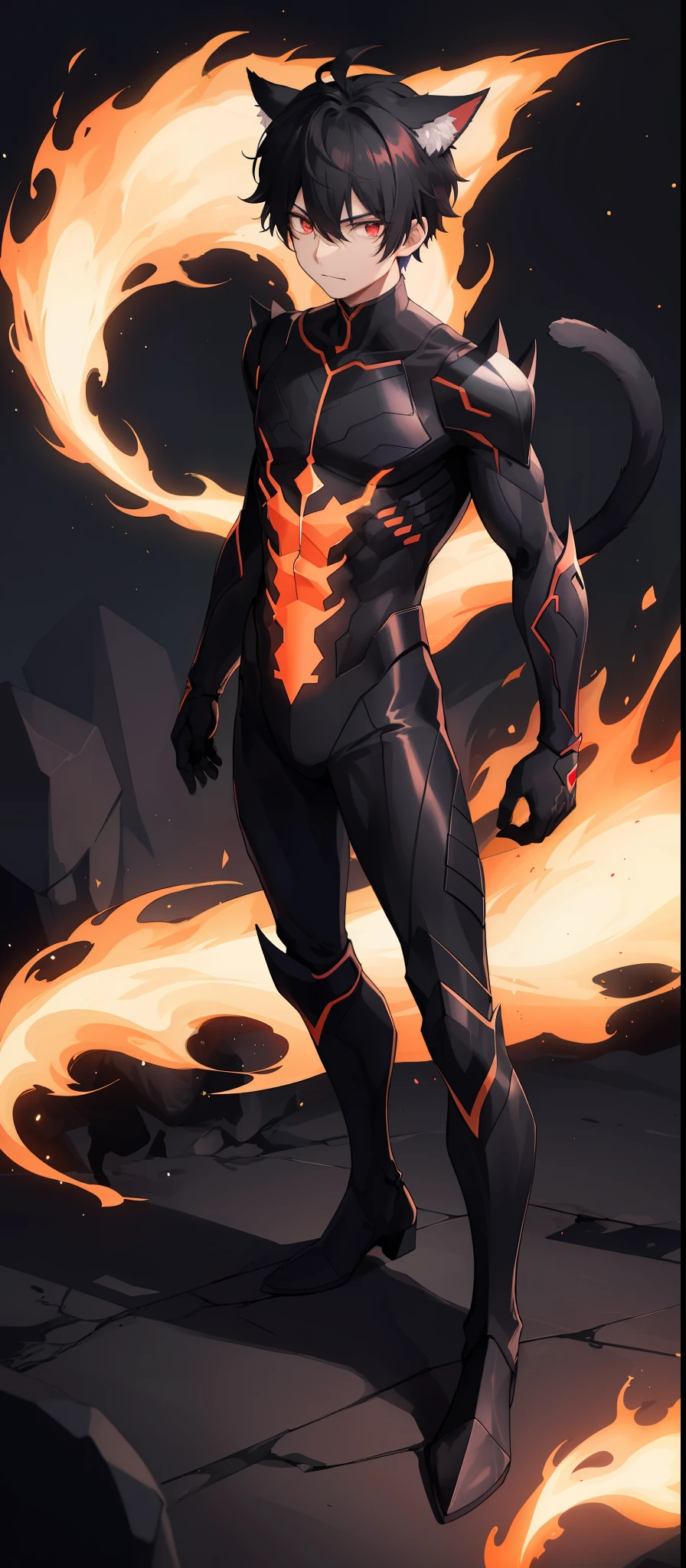 1boy, toned, sharp cat ears, cat tail, dark black messy hair, wide dark red eyes, fire powers, HD, masterpiece, vibrant, black boots, dead expression, black armor, full body view, horror, cosmic