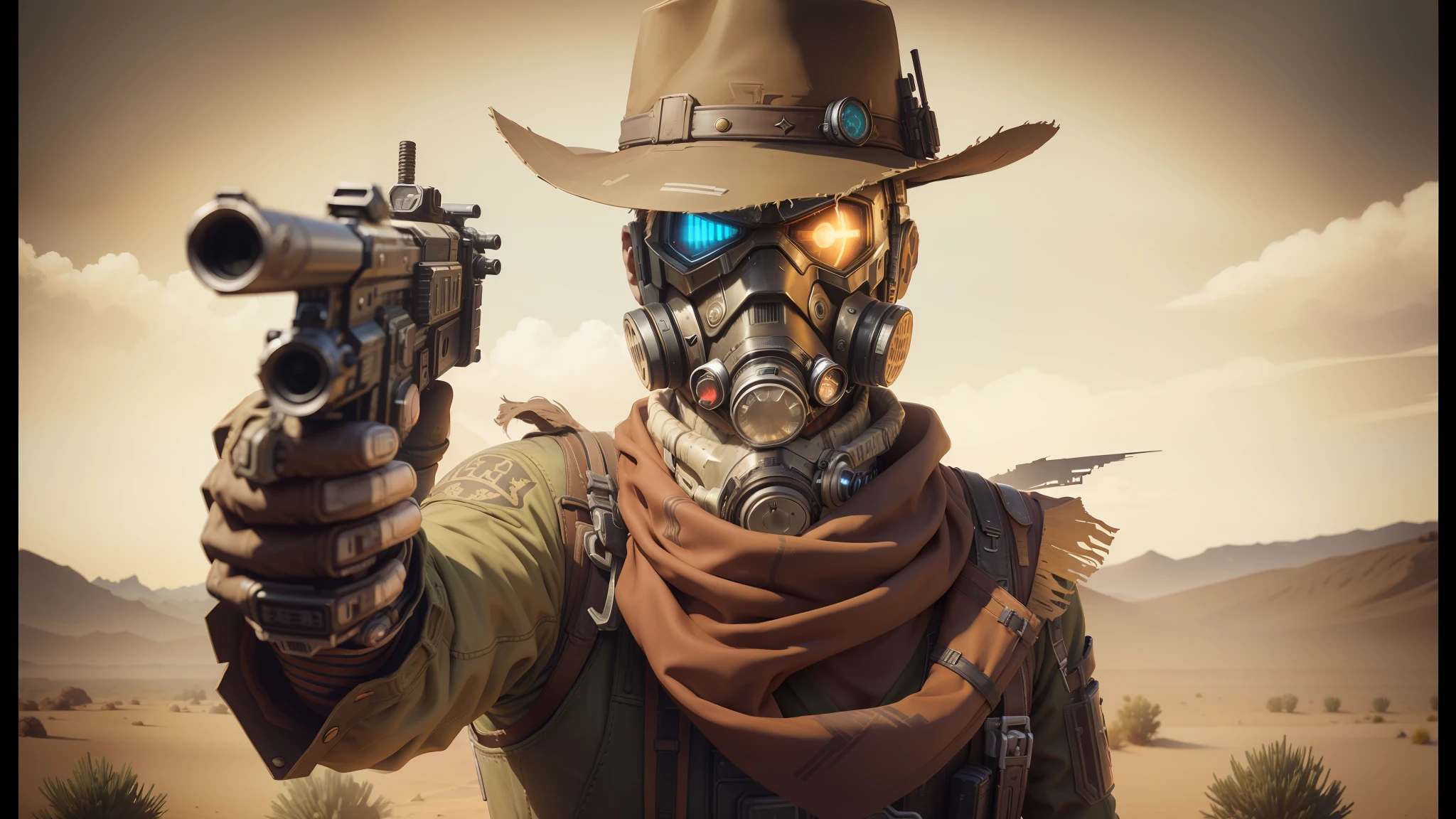 there is a man in a gas mask holding a gun, western background, cyberpunk wild west, full-body photography, realistic cosplay, borderlands art style, antasy character, sorcerer of sand, american shot, normal people with costumes, character close-up, high noon, detailed character portrait, cactus --auto --s2