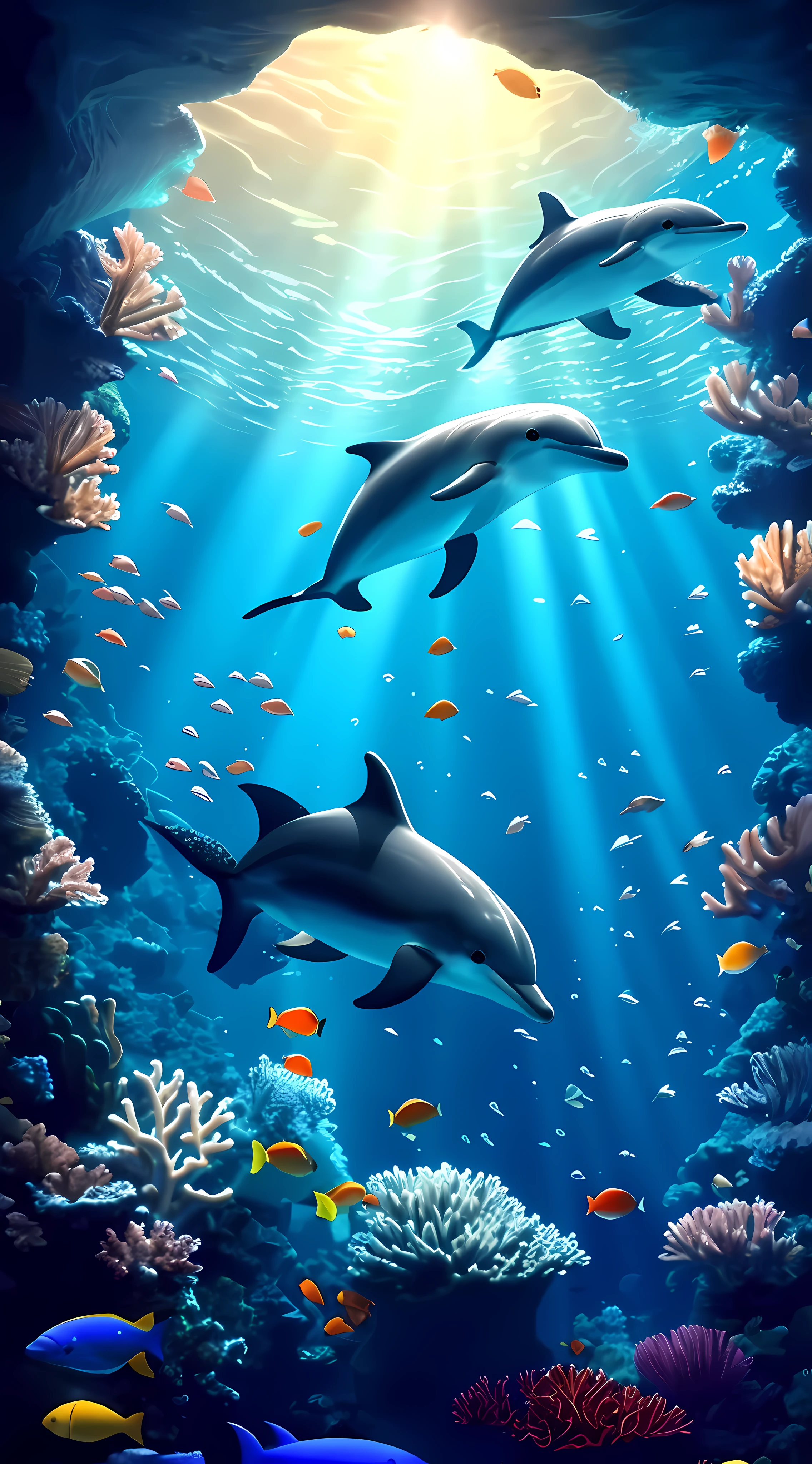 dolphins swimming in ocean with coral and fish, dolphin swimming, dolphin amazing detail, amazing depth, light and shadow detail, incredible depth, beautiful wallpaper, amazing wallpaper, underwater world, colorful colors, dolphin swimming, in the sea, underwater landscape, hd mobile wallpaper, mobile wallpaper, mobile wallpaper, amazing screensaver, underwater life, watching fish swimming, fish swimming