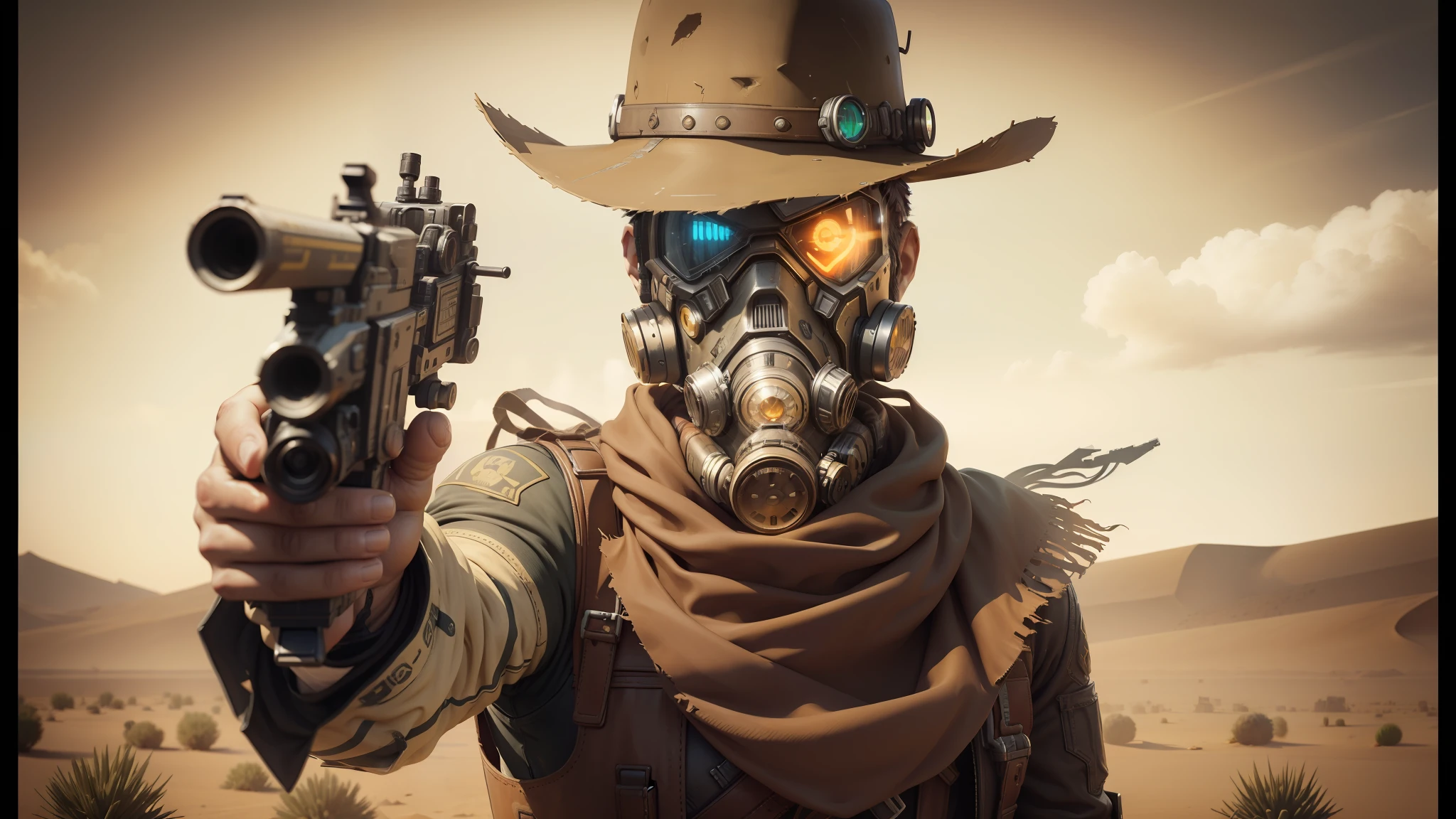there is a man in a gas mask holding a gun, western background, cyberpunk wild west, full-body photography, realistic cosplay, borderlands art style, antasy character, sorcerer of sand, american shot, normal people with costumes, character close-up, high noon, detailed character portrait, cactus --auto --s2