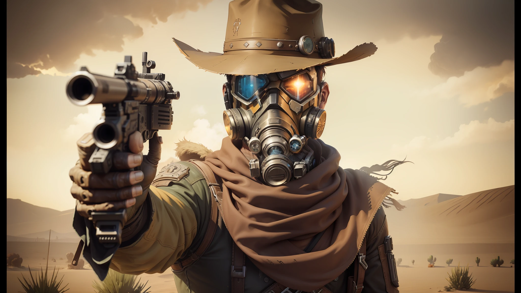 there is a man in a gas mask holding a gun, western background, cyberpunk wild west, full-body photography, realistic cosplay, borderlands art style, antasy character, sorcerer of sand, american shot, normal people with costumes, character close-up, high noon, detailed character portrait, cactus --auto --s2