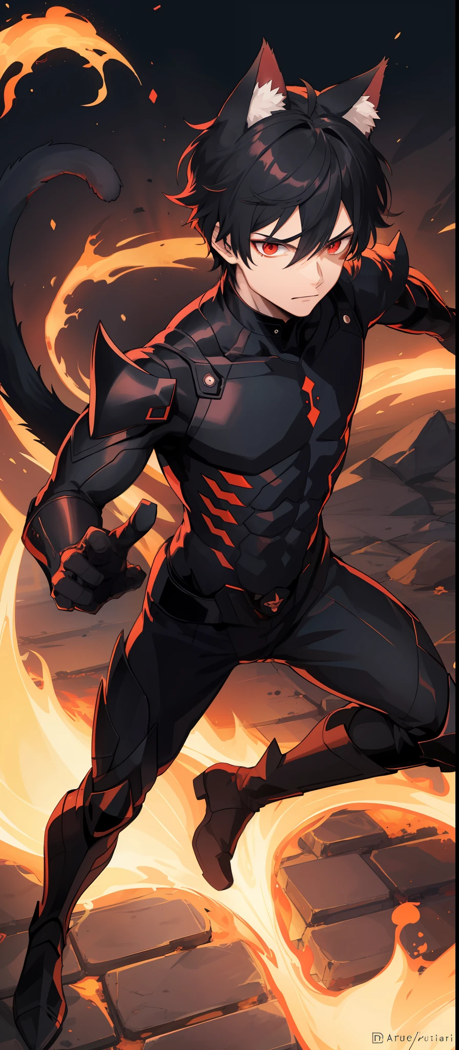 1boy, toned, sharp cat ears, cat tail, dark black messy hair, wide dark red eyes, fire powers, HD, masterpiece, vibrant, black boots, dead expression, black armor, full body view, horror, cosmic