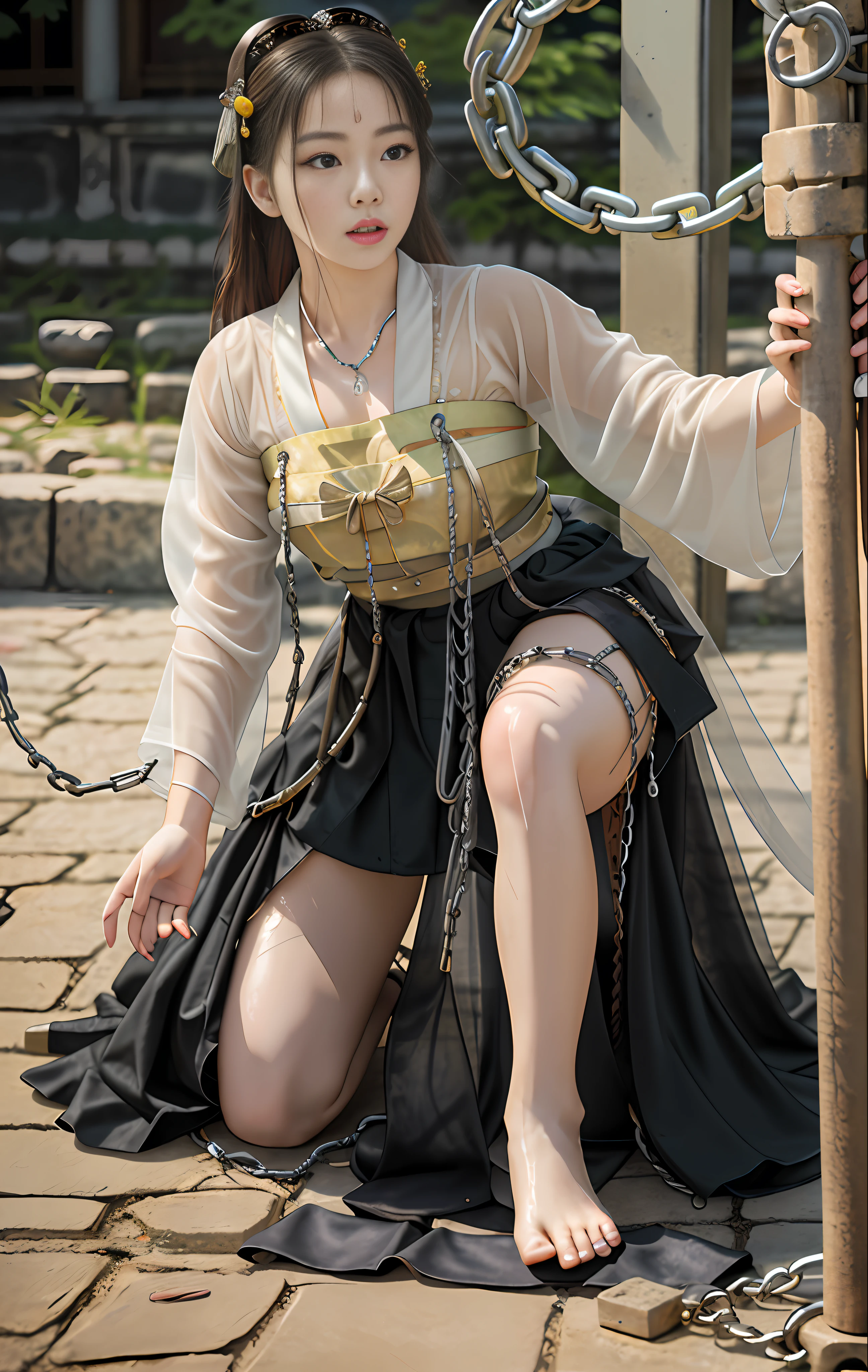 High quality, masterpiece, masterpiece, delicate facial features, delicate hair, delicate eyes, delicate colored hair, 4K picture quality, brilliant light and shadow, tyndall effect, halo, brunette hair, state of youth, chain, big eyes Ancient Chinese beauty, very detailed, (woman kneeling on the ground), (woman with iron chains wrapped around her neck being pulled by men), (woman begging with her hands on the ground) Hanfu, Chinese style, martial arts, sexy, transparent, wet, bare legs, bare breasts, (lift up skirt to expose thighs) bare shoulders, bare buttocks, Open legs, chains, neck rings, handcuffs, leg cuffs, slaves, dog food,