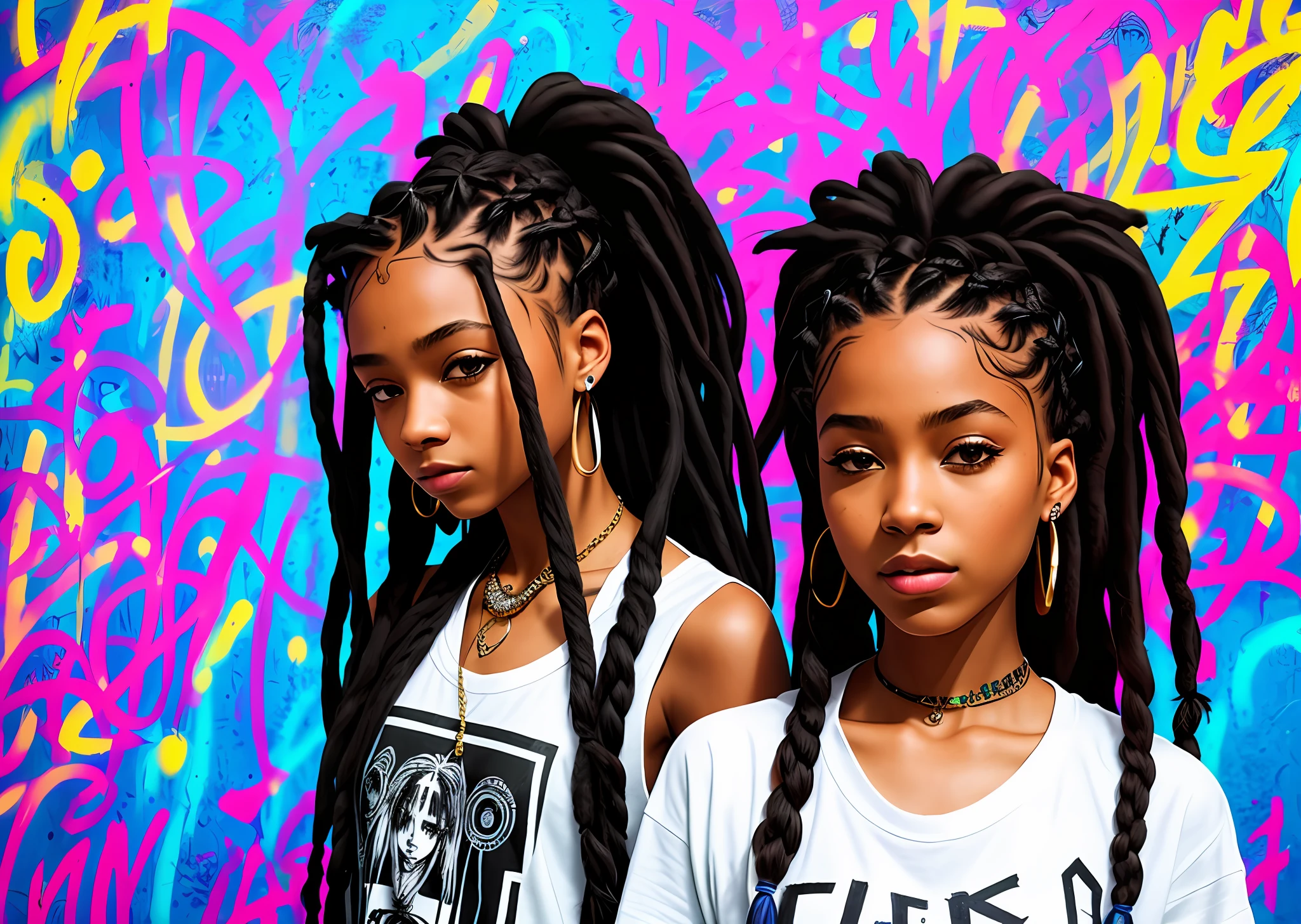 girl with braids, girl with dreadlocks, hip hop style, cypher dance, big city, graffiti wall on background, ultra realistic, UHD, 16k, natural lights, masterpiece-imagine