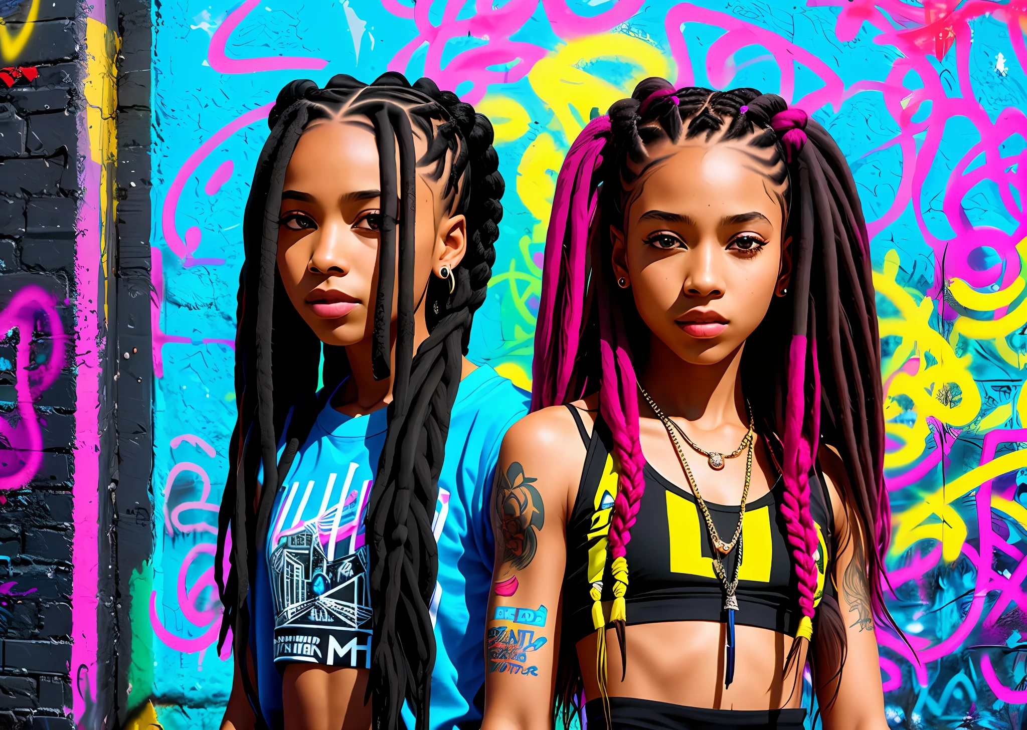 girl with braids, girl with dreadlocks, hip hop style, cypher dance, big city, graffiti wall on background, ultra realistic, UHD, 16k, natural lights, masterpiece-imagine