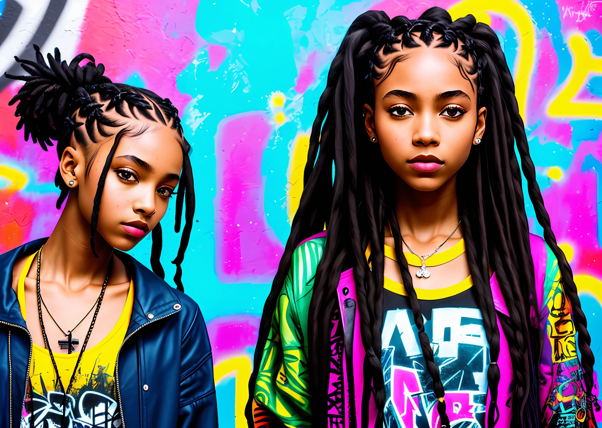 girl with braids, girl with dreadlocks, hip hop style, cypher dance, big city, graffiti wall on background, ultra realistic, UHD, 16k, natural lights, masterpiece-imagine