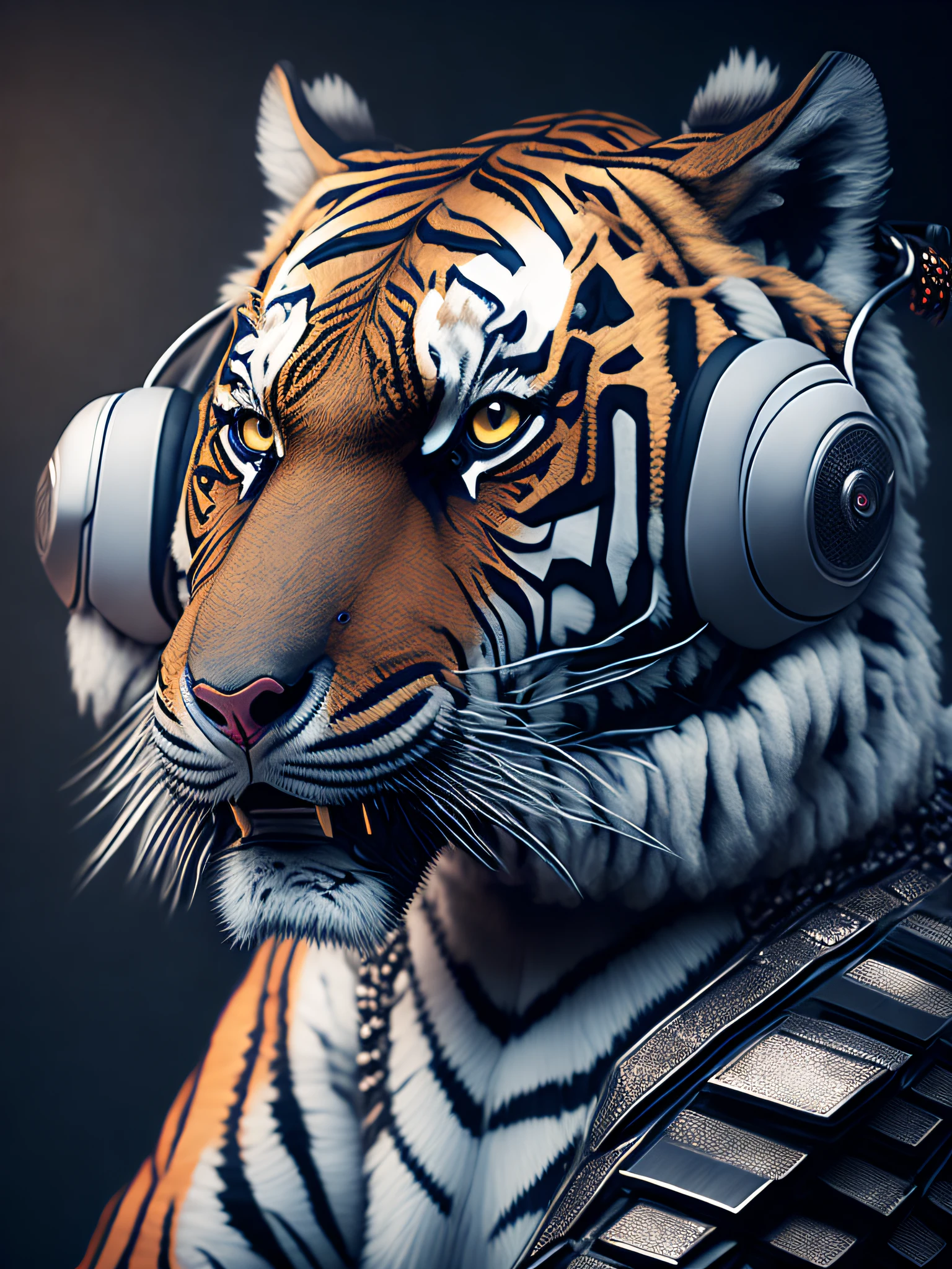 (realistic: 1.3), intricate details, ((cinematic light)), a tiger with black and white fur, hybrid, hyperealistic, scary, dark fantasy \(style\), detailed armor, with headphones worn by djs. color photography, disco atmosphere, or nightclub, with disco apparatus. That is, a dj tiger animating a party.