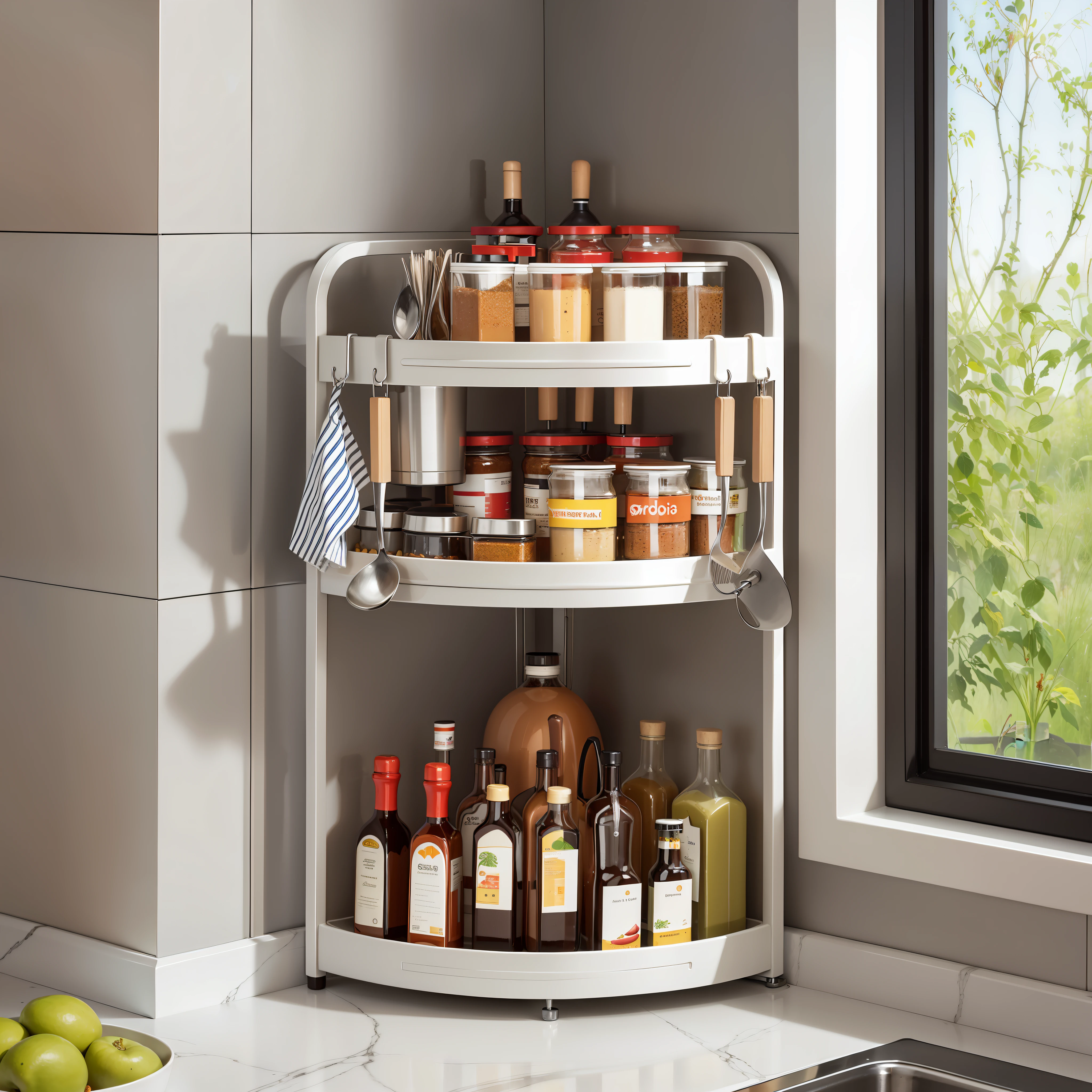 there is a kitchen with a corner shelf with spices and condiments, corner, bottom angle, product introduction photo, shelf, rack, zido, eye - level view, album photo, exclusive, racks, goat, product display, high quality product image”, 9 0 mm, 90mm, 4l, pp, product introduction photos, denning, arc