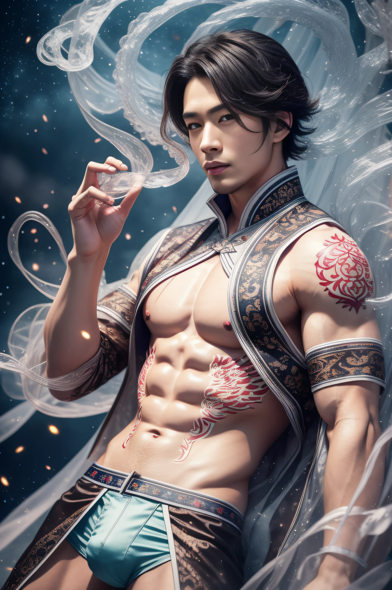 Handsome guy, 25 years old, Asian, master work, best picture quality, higher quality, high detail, super high resolution, 8k resolution, delicate facial features, boy, big muscles, tattoos, glowing eyes, short hair, hair details, [[Look away, look to the side, emphasize homosexuality and pay attention to every detail , open Hanfu transparent tulle jacket, white rubber pants, night, starry sky, flying flowers. Waterfalls, mountains, circling dragons, Chinese courtyard background (((((crotch bulge)))))