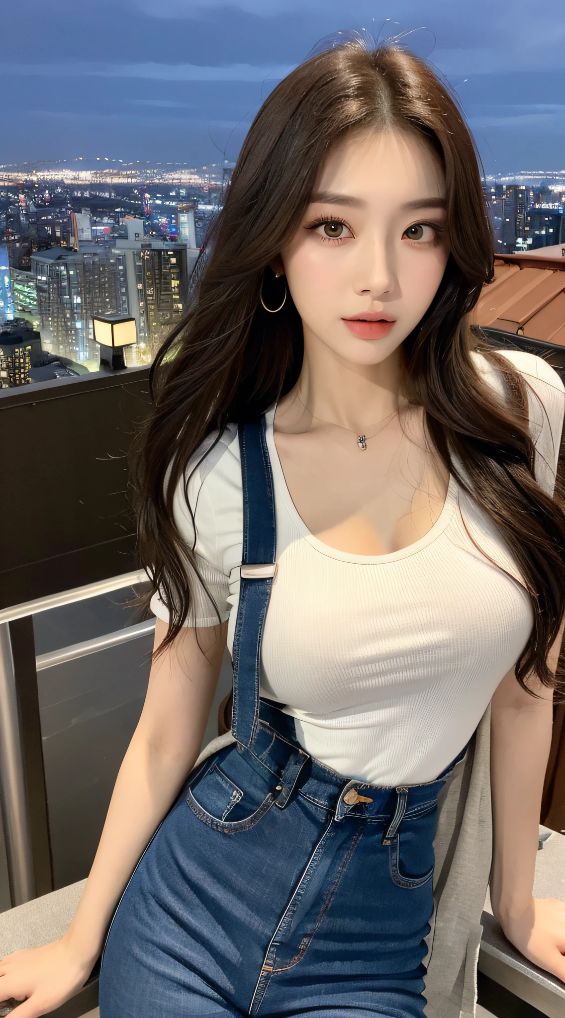 ((Midnight, Best quality, 8k, Masterpiece :1.3)), Whole body, Long legs, Sharp focus :1.2, A pretty woman with perfect figure :1.4, Slender abs :1.1, ((Dark brown hair, Big breasts :1.2)), (White tight tshirt, Jean bib, Standing:1.2), ((Night city view, Rooftop:1.3)), Highly detailed face and skin texture, Detailed eyes, Double eyelid