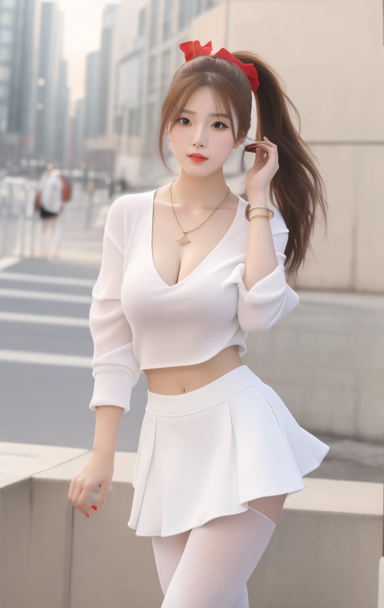 Best Quality, Masterpiece, High Resolution, 1 Girl, Ponytail, Red Miniskirt, Hair Accessories, Necklace, Jewelry, Beautiful Face, Physics, Tyndall Effect, Realistic, Main Street, Edge Lighting, Two-tone Lighting, (High Detail Skin: 1.2), 8k UHD, DSLR, Soft Light, High Quality, Volumetric Light, Voyeur, Photo, High Resolution, 4K, 8K, Background Blur, Big Breasts, Full Body, Long Legs, High Heels, White Leggings, Trimmed Face