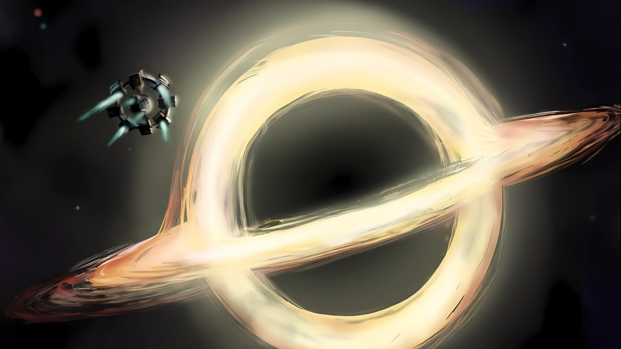 spaceship flying through a ring of fire in space with a star in the background, interstellar infinity portal, portal in space, is being drawn into a blackhole, black hole time portal, colossale interstellar portal, traveling into a blackhole, infinite quantum portal, luminous black hole portal, interstellar black hole, majestic interstellar portal, orbital rings, interstellar vortex through time
