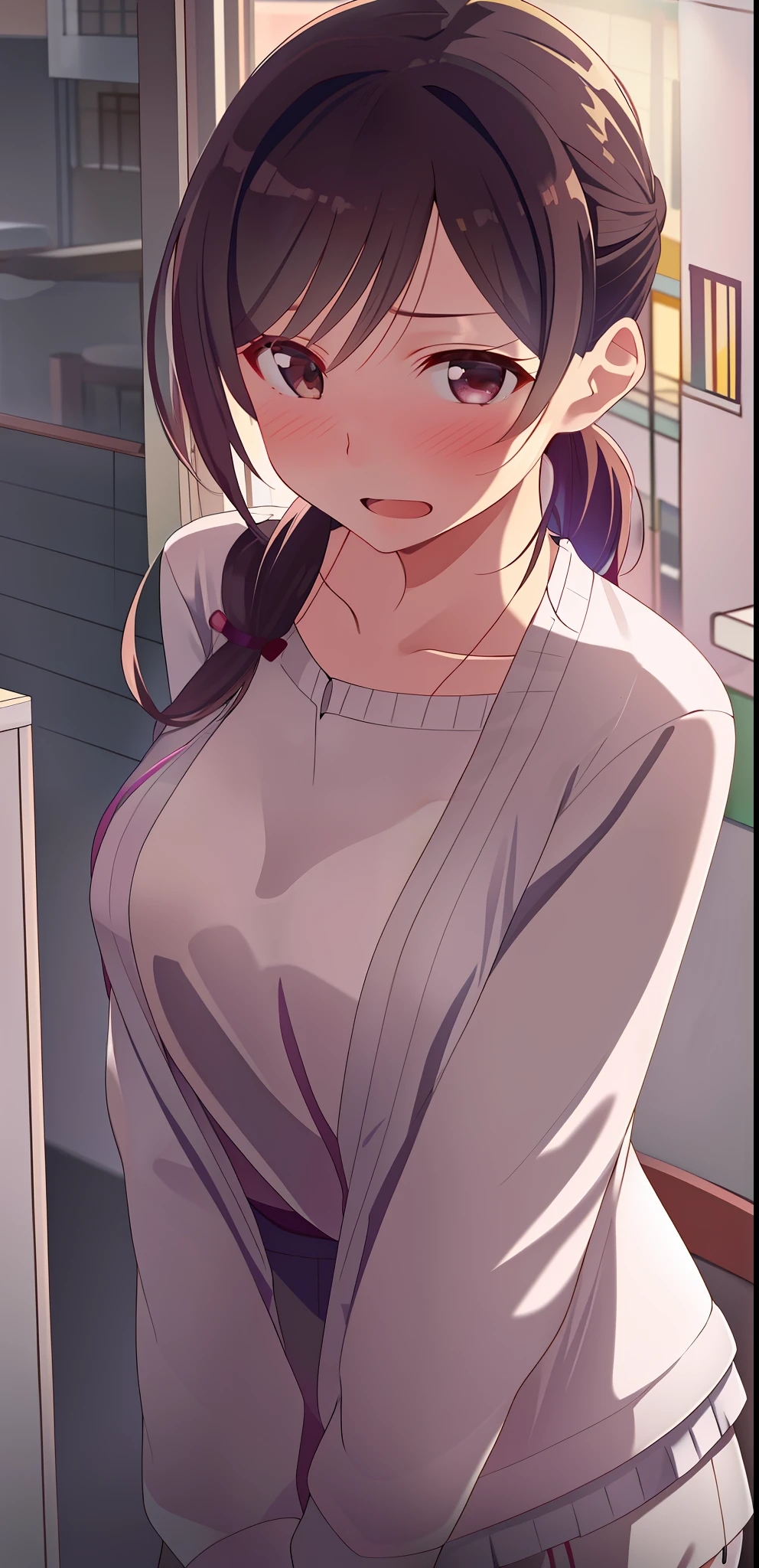 (realistic:1.3), (masterpiece), (best quality), chizuru_ichinose, 1girl, solo, nsfw, long_hair, breasts, looking_at_viewer, blush, open_mouth, large_breasts, brown_hair, cleavage, brown_eyes, medium_breasts, collarbone, swimsuit, upper_body, ((bikini)), halterneck, pink_bikini, selfie,