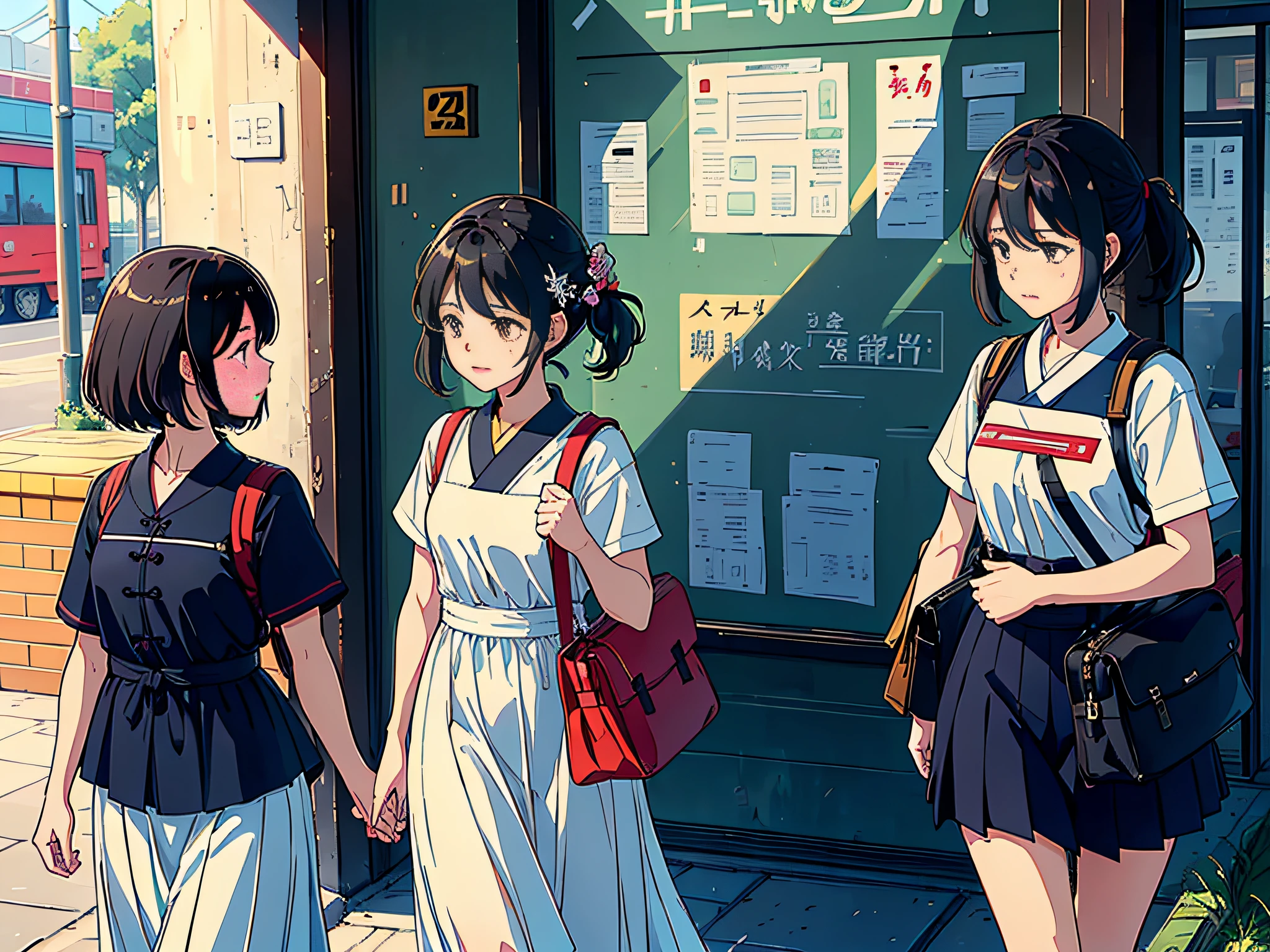 The afternoon sun was shining, two female students on campus walking next to the court: 1.5, (three female students 1.5) wearing a small white dress, the background is the teaching building, walking on the path, holding a stationery bag in his hand, whispering, (facial expression surprised: 1.5) facial expression surprised, mouth open, (tears: 1.5), expression sobs, the lens is mainly featured on the upper body, in the Loepfe art style ((Xinhai City), popular in CGStation, Shinkai Cheng H 2160, inspired by Bian Shoumin, Xinhaicheng, Kavassi, Guwitz style, high quality, 4K, 8K, resolution, -auto-s2