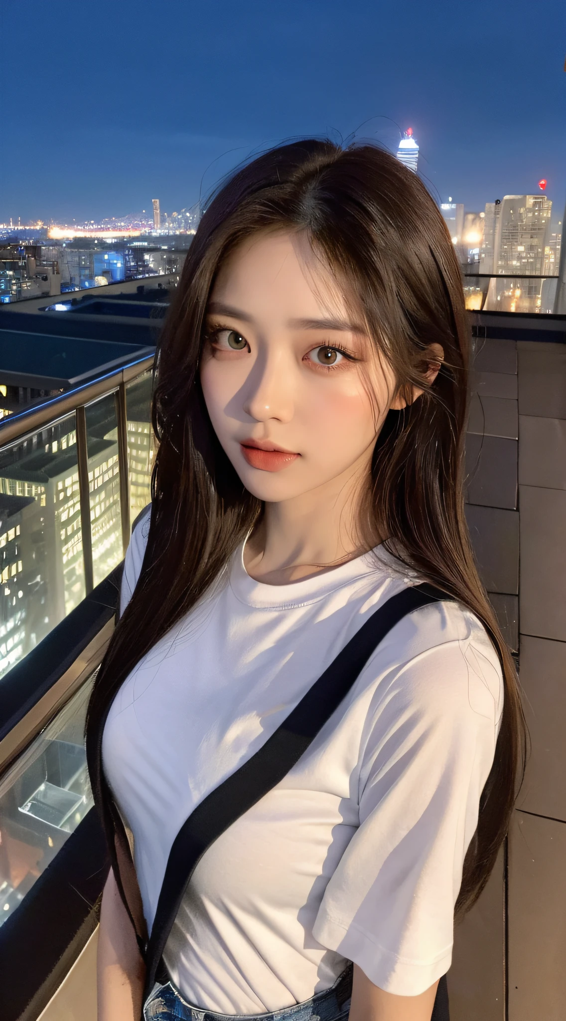 ((Midnight, Best quality, 8k, Masterpiece :1.3)), Whole body, Long legs, Sharp focus :1.2, A pretty woman with perfect figure :1.4, Slender abs :1.1, ((Dark brown hair, Big breasts :1.2)), (White tight tshirt, Jean bib, Standing:1.2), ((Night city view, Rooftop:1.3)), Highly detailed face and skin texture, Detailed eyes, Double eyelid
