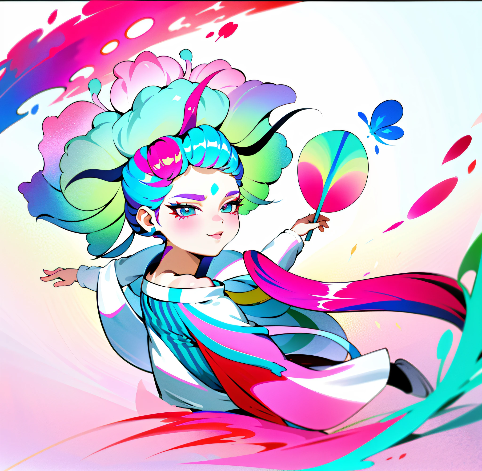 (Pink fashion clothes: 1.9), (colorful hair: 1.8), (rainbow all colors: 1.8), front, manga, illustration, painting, big eyes, crystal clear, (rainbow gradient high ponytail: 1.7), delicate makeup, shut up, (small freshness: 1.5), (bandeau: 1.6), long eyelashes, white off-the-shoulder T- shirt, white shoulder Shirt, looking at the audience, big watery eyes, (rainbow hair: 1.6), color splash, (solo:1.8), color splash, color explosion, colour splash, color explosion, thick paint style, messy lines, ((shining)) ,(colorful), (colorful), (colorful), colorful, thick paint style, (splash) ( Color Splash), Vertical Painting, Upper Body, Paint Splash, Acrylic Pigment, Gradient, Paint, Highest Image Quality, Masterpiece, Solo, Depth of Field, Face Paint, colorful clothes, (elegant : 1.2), gorgeous, long hair, wind, (elegant: 1.3), (petals: 1.4), ((masterpiece))), ((best quality))), ((super detailed)), (illustration), (dynamic angle), ((floating)), (paint), ((loose hair)), (solo), (1girl), (detailed anima face))), ((beautiful detailed face)), collar, bare shoulders, gray hair, ((colored hair)) ,((striped hair)),Beautiful detailed eyes,(gradient eyes),(Colored eyes)))),(Colored background))),((High saturation))),((Surrounded by colorful splashes)))),