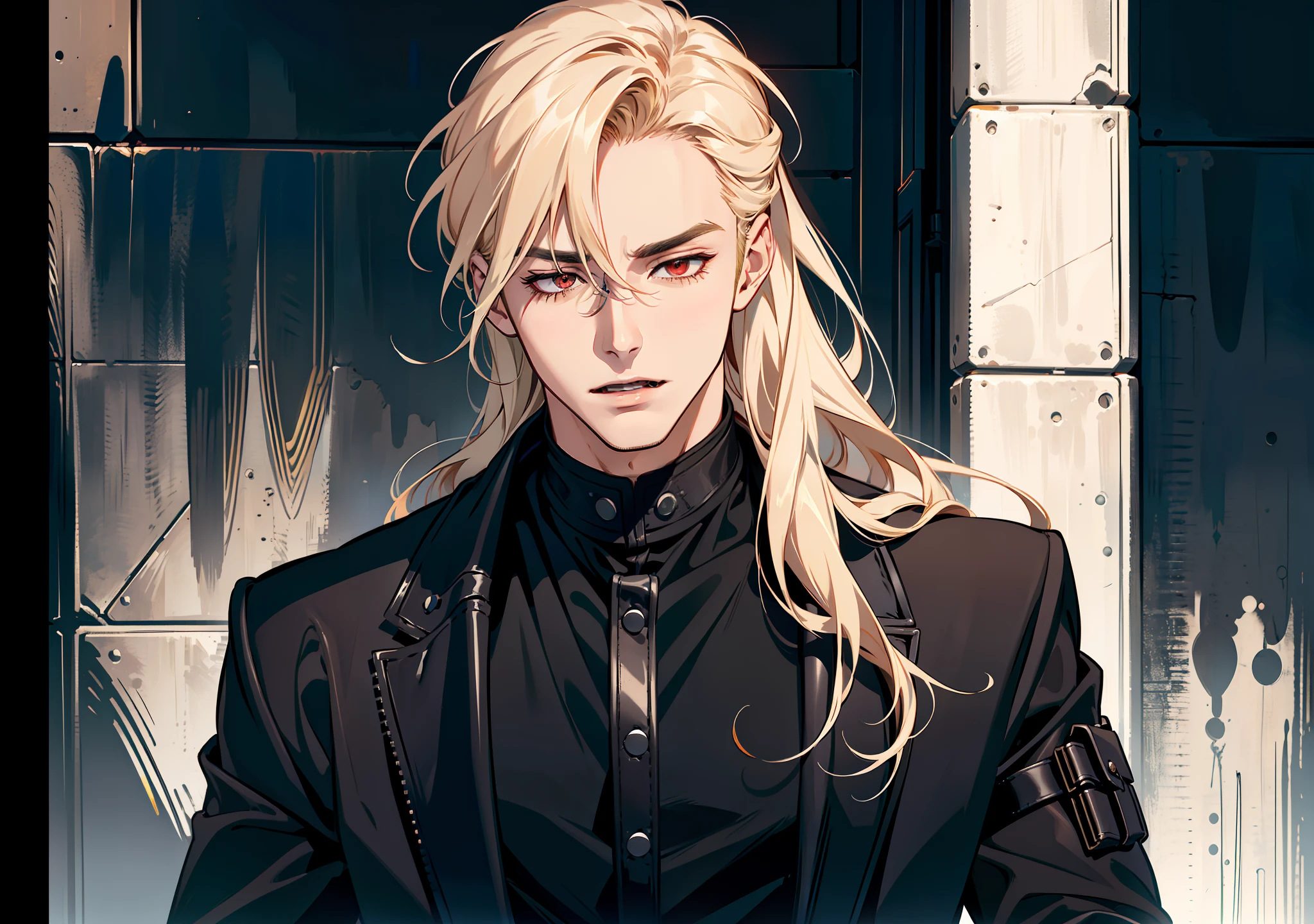 ((open mouth)), (closed eyes)) portrait, (absurd res, high res, ultra detailed), 1 male, adult, handsome, tall muscular guy, broad shoulders, blonde long hair, red eyes, finely detailed eyes, looking at viewer, solo, no background, detailed face, smirk, renegade, rugged dark leather clothes, small leather pouch, high fantasy medieval setting, smuggler hideout background, stealth, undercover, (crates in background), shadows, fog, (dutch angle), ((portrait)), black shirt, black jacket