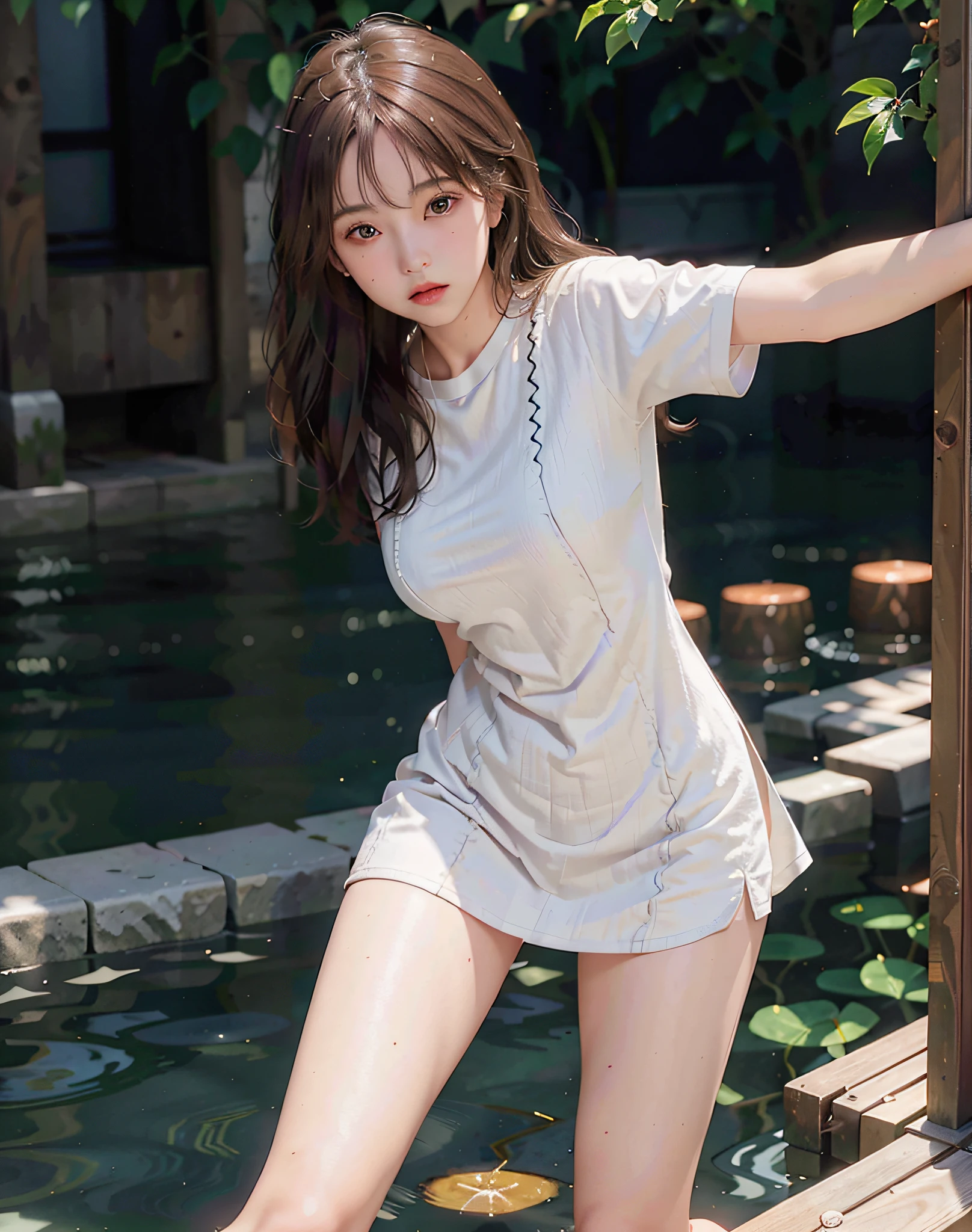 8k, (original photo), (best quality), (photorealistic photo: 1.4), realistic skin texture, 1 girl, medium breasts, starry eyes, blush, (very detailed CG unity 8k wallpaper, best quality, high resolution: 1.2), (ultra_detailed, UHD: 1.2), Perfect Lighting, Unique, (Pretty Girl: 1.2), Unreal Engine, Side Light, Perfect Face, Detailed Face, Perfect Body, Beautiful Eyes, Beautiful Face, (Bright Skin: 1.4), Idol, (Full Body), Black T-shirt, Transparent,