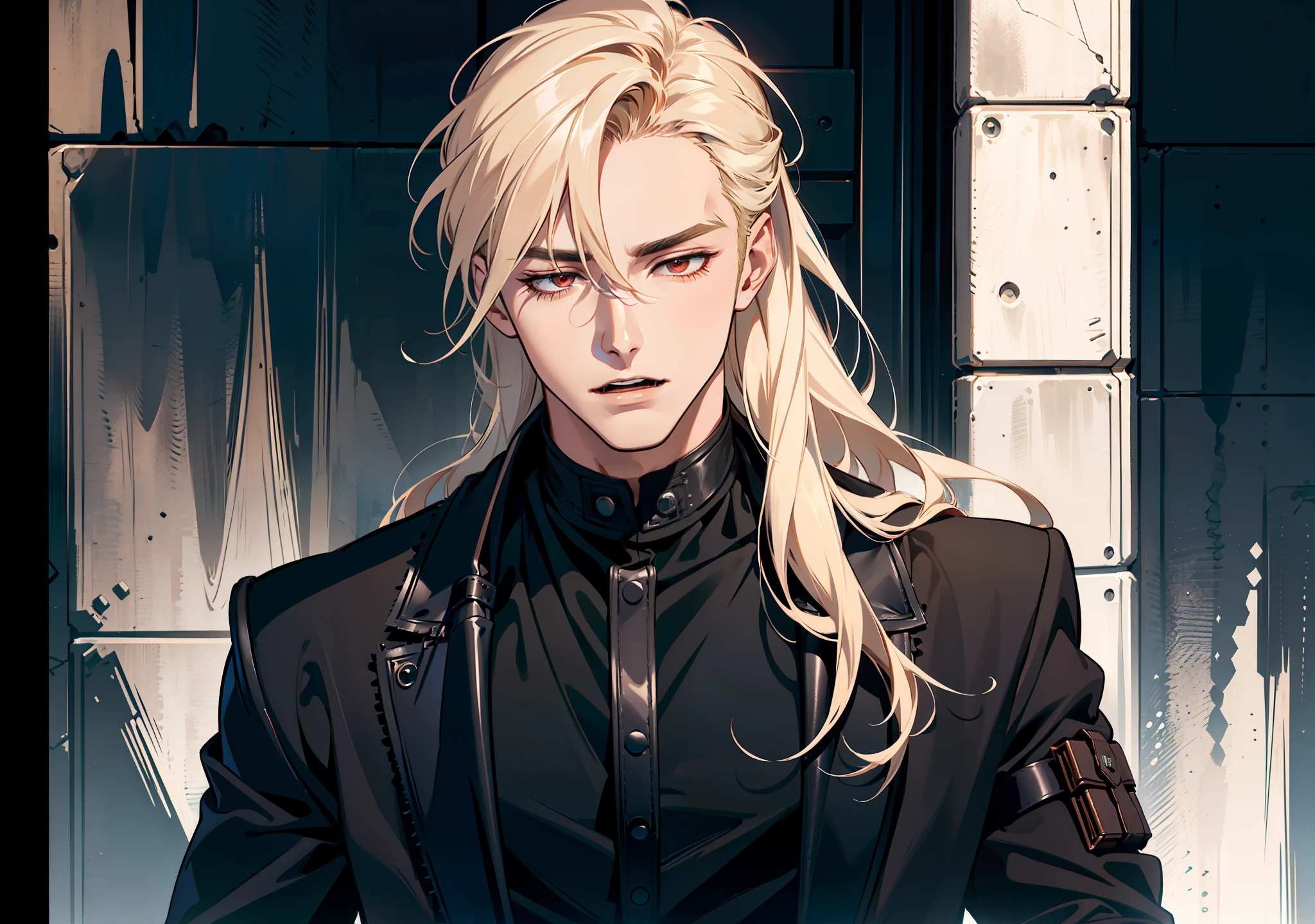 ((open mouth)), (closed eyes)) portrait, (absurd res, high res, ultra detailed), 1 male, adult, handsome, tall muscular guy, broad shoulders, blonde long hair, red eyes, finely detailed eyes, looking at viewer, solo, no background, detailed face, smirk, renegade, rugged dark leather clothes, small leather pouch, high fantasy medieval setting, smuggler hideout background, stealth, undercover, (crates in background), shadows, fog, (dutch angle), ((portrait)), black shirt, black jacket